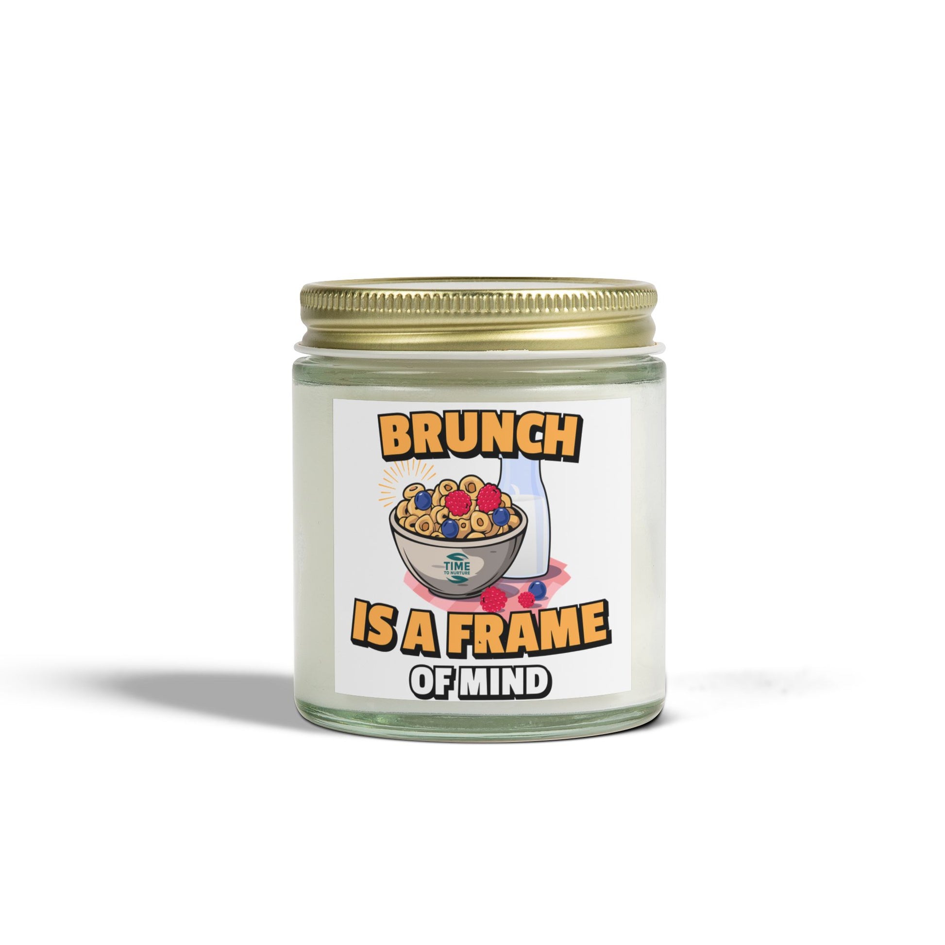 A coconut apricot wax candle labeled "Brunch is a Frame of Mind," styled for home fragrance and aromatherapy, with a minimalistic design perfect for brunch-themed gifts, housewarming decor, or relaxation.