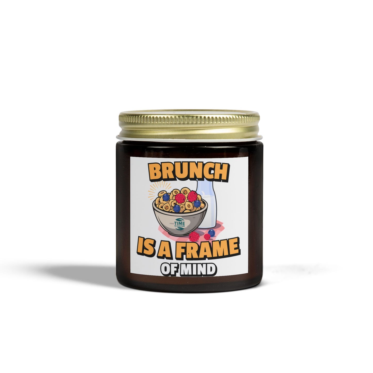 A coconut apricot wax candle labeled "Brunch is a Frame of Mind," styled for home fragrance and aromatherapy, with a minimalistic design perfect for brunch-themed gifts, housewarming decor, or relaxation.