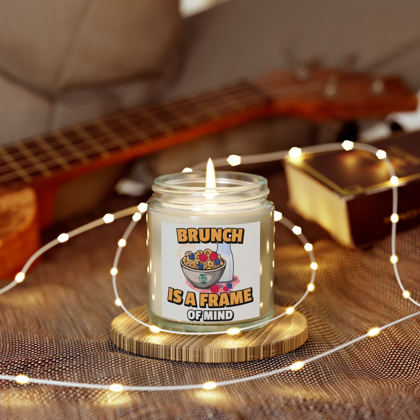 A coconut apricot wax candle labeled "Brunch is a Frame of Mind," styled for home fragrance and aromatherapy, with a minimalistic design perfect for brunch-themed gifts, housewarming decor, or relaxation.55