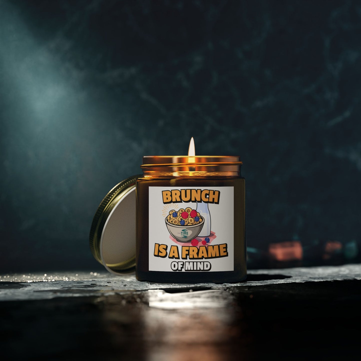 A coconut apricot wax candle labeled "Brunch is a Frame of Mind," styled for home fragrance and aromatherapy, with a minimalistic design perfect for brunch-themed gifts, housewarming decor, or relaxation.