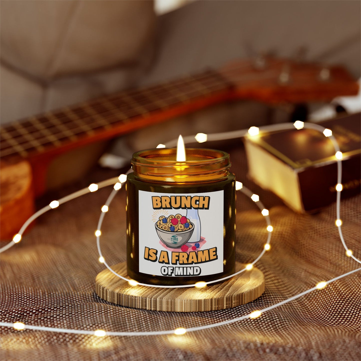 A coconut apricot wax candle labeled "Brunch is a Frame of Mind," styled for home fragrance and aromatherapy, with a minimalistic design perfect for brunch-themed gifts, housewarming decor, or relaxation.