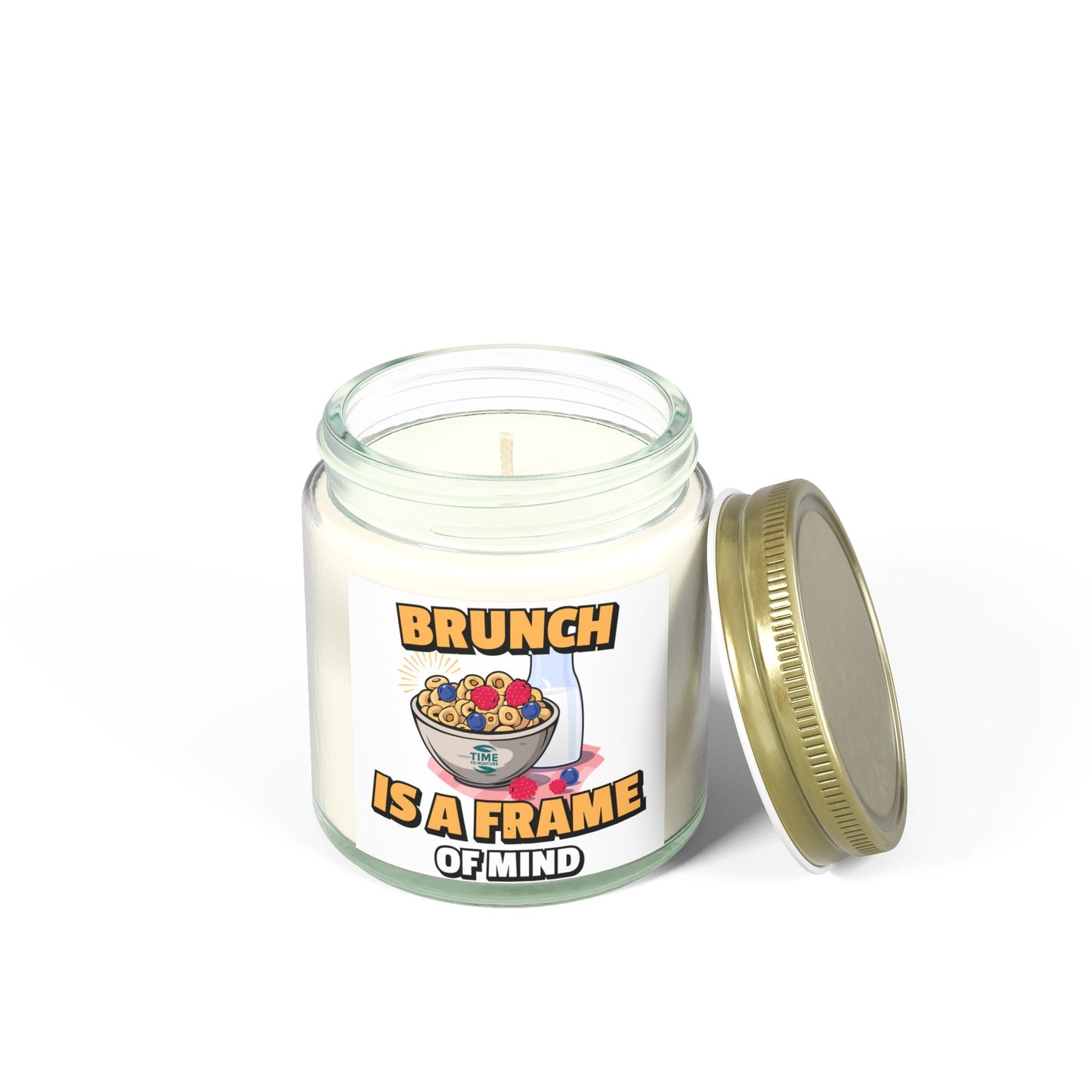 A coconut apricot wax candle labeled "Brunch is a Frame of Mind," styled for home fragrance and aromatherapy, with a minimalistic design perfect for brunch-themed gifts, housewarming decor, or relaxation.