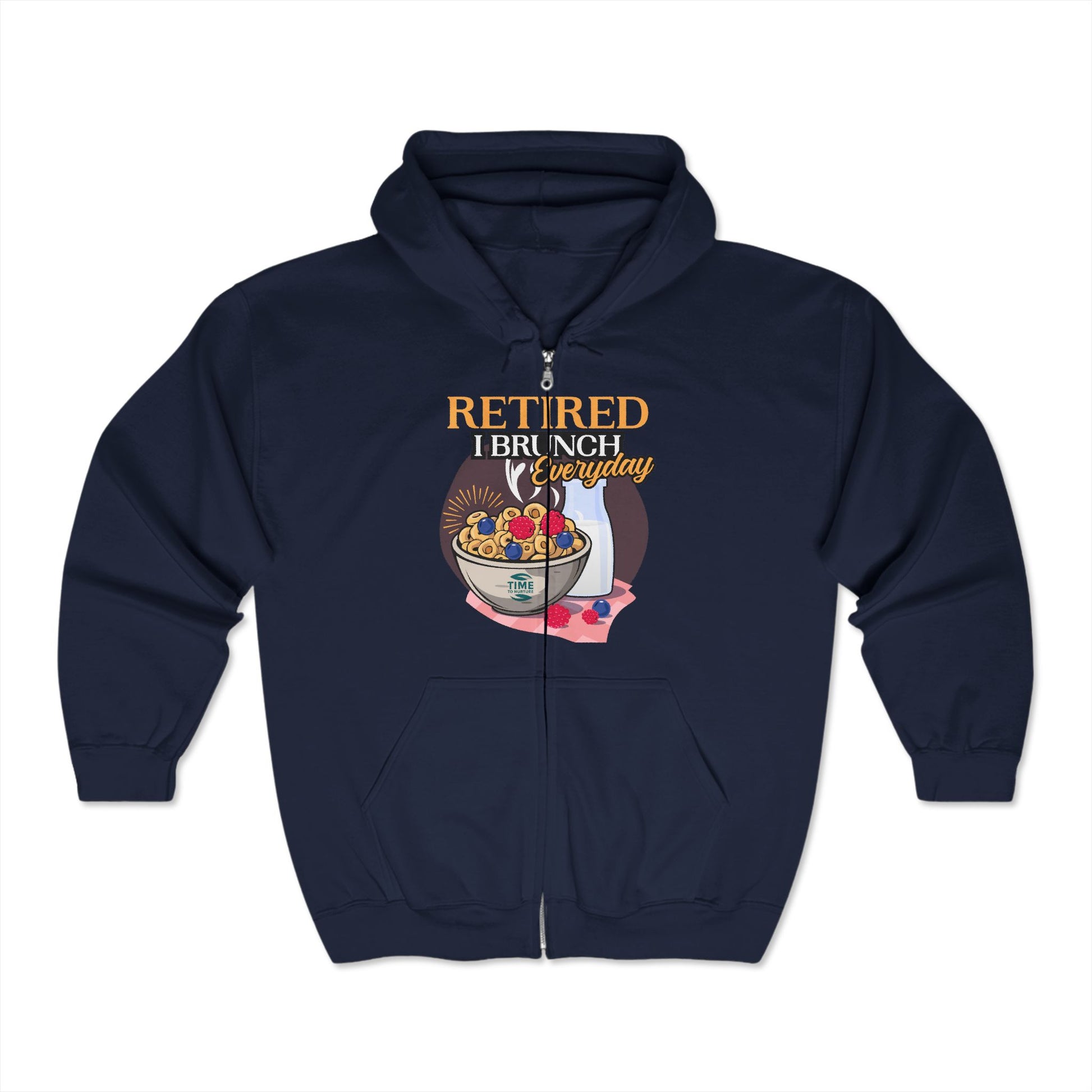 A full-zip hooded sweatshirt with the phrase Retired I Brunch Everyday, designed as unisex loungewear, perfect for brunch lovers or as a retirement gift.
