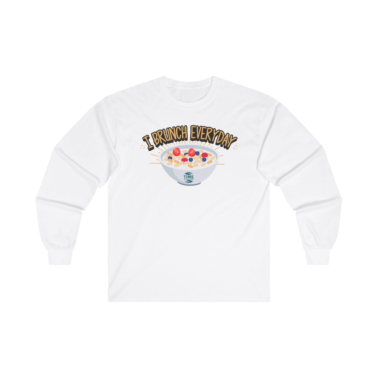 A unisex cotton long sleeve tee featuring the phrase I Brunch Everyday in a quote-style graphic design. Brunch-themed apparel perfect as a funny gift for brunch enthusiasts.