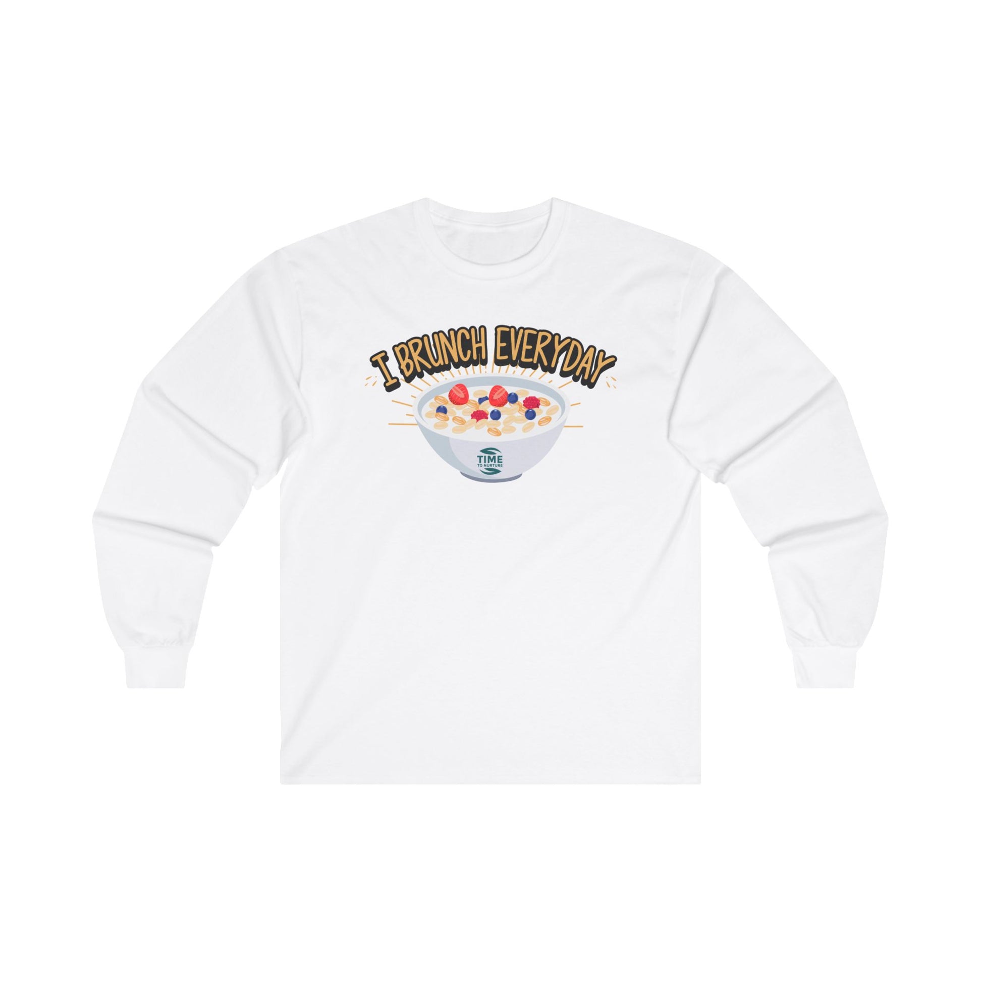 A unisex cotton long sleeve tee featuring the phrase I Brunch Everyday in a quote-style graphic design. Brunch-themed apparel perfect as a funny gift for brunch enthusiasts.