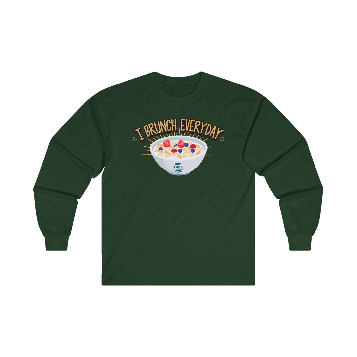 A unisex cotton long sleeve tee featuring the phrase I Brunch Everyday in a quote-style graphic design. Brunch-themed apparel perfect as a funny gift for brunch enthusiasts.