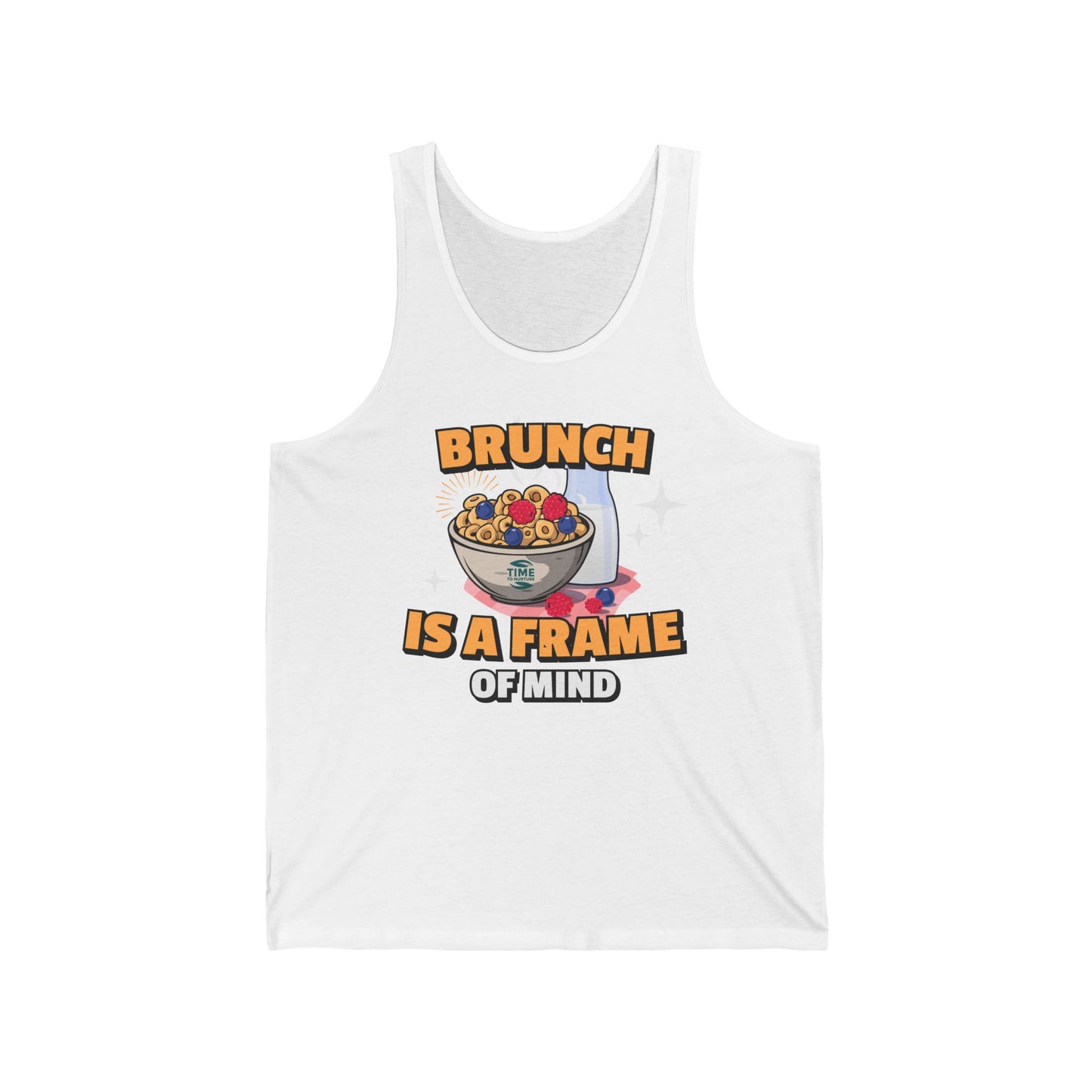A unisex jersey tank top with the phrase Brunch is a Frame of Mind, designed as a humorous gift for brunch lovers or retirees, featuring a casual and versatile style.