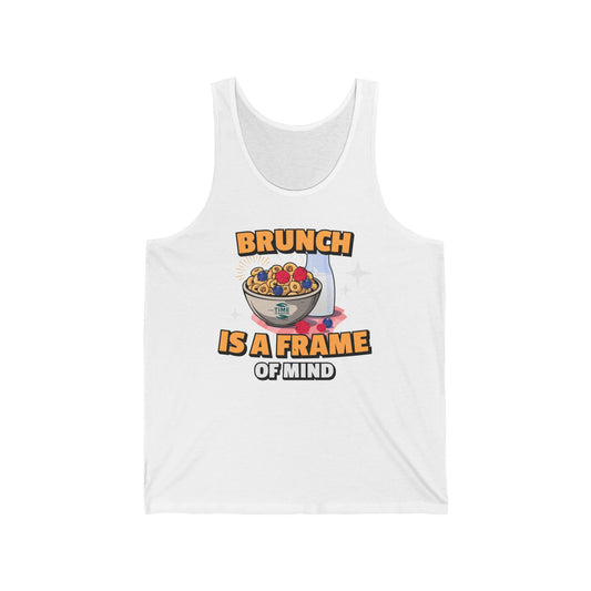 A unisex jersey tank top with the phrase Brunch is a Frame of Mind, designed as a humorous gift for brunch lovers or retirees, featuring a casual and versatile style.