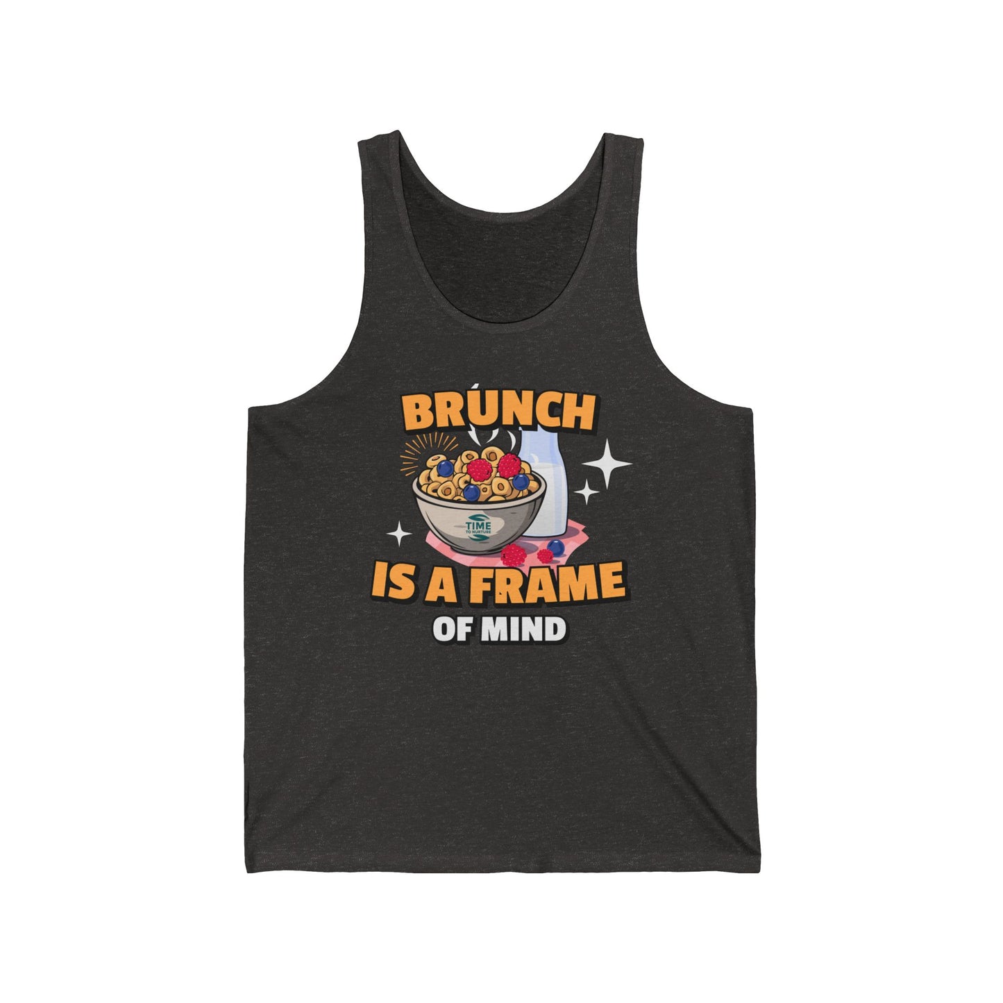 A unisex jersey tank top with the phrase Brunch is a Frame of Mind, designed as a humorous gift for brunch lovers or retirees, featuring a casual and versatile style.