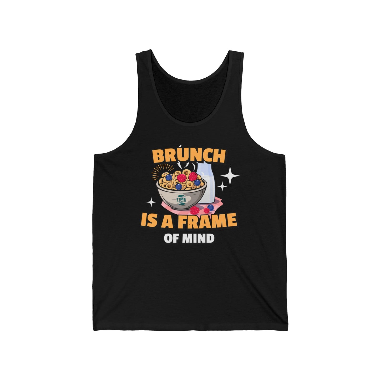 A unisex jersey tank top with the phrase Brunch is a Frame of Mind, designed as a humorous gift for brunch lovers or retirees, featuring a casual and versatile style.