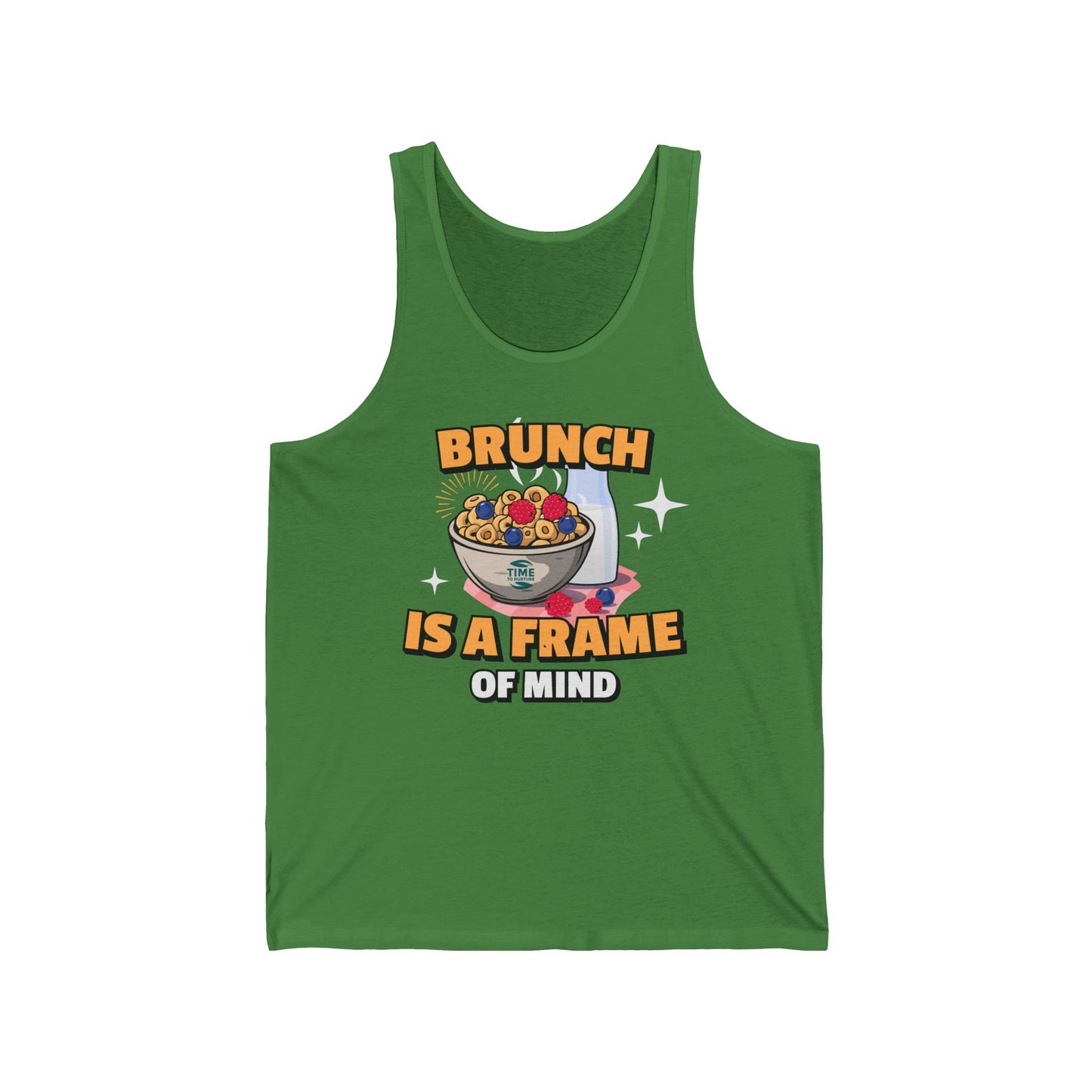 A unisex jersey tank top with the phrase Brunch is a Frame of Mind, designed as a humorous gift for brunch lovers or retirees, featuring a casual and versatile style.