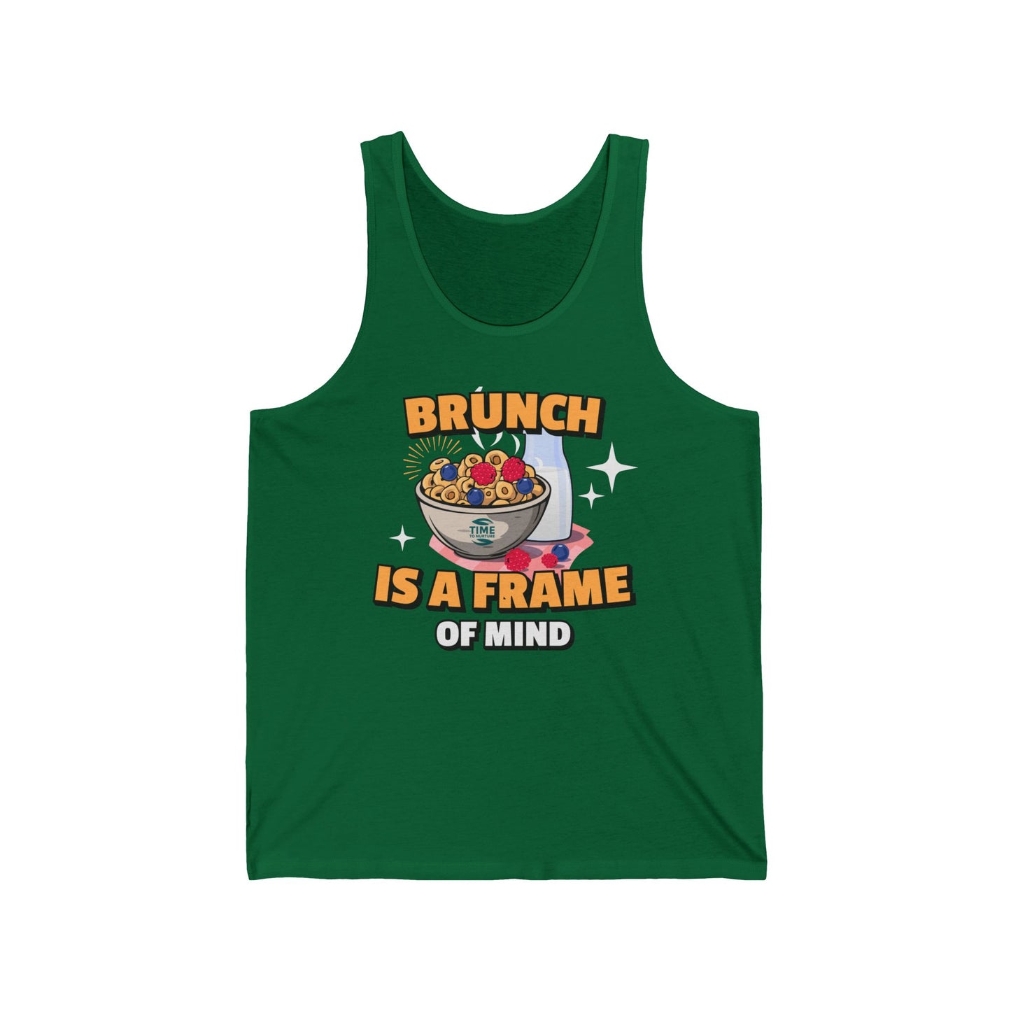 A unisex jersey tank top with the phrase Brunch is a Frame of Mind, designed as a humorous gift for brunch lovers or retirees, featuring a casual and versatile style.