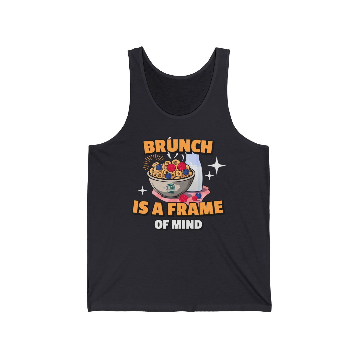 A unisex jersey tank top with the phrase Brunch is a Frame of Mind, designed as a humorous gift for brunch lovers or retirees, featuring a casual and versatile style.