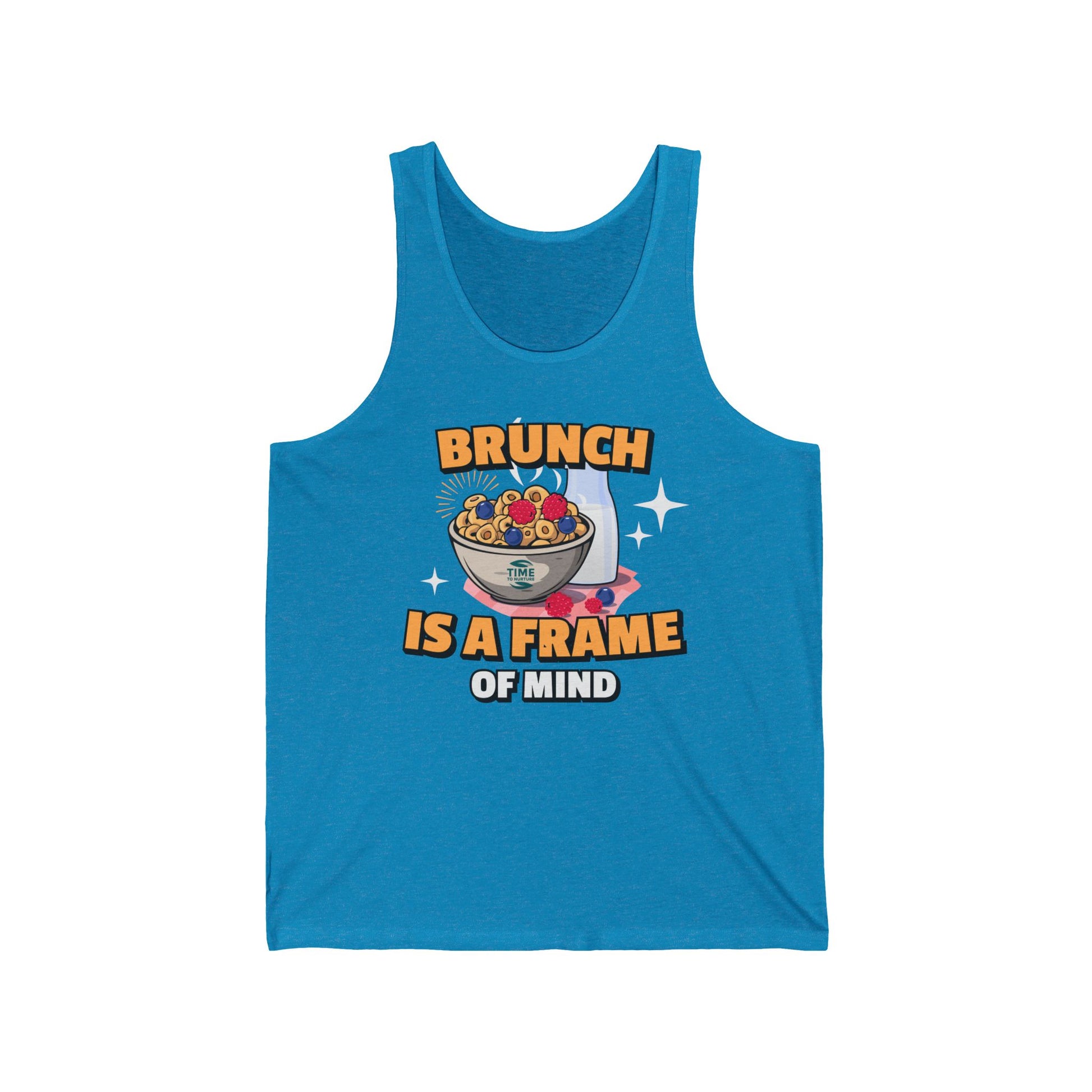 A unisex jersey tank top with the phrase Brunch is a Frame of Mind, designed as a humorous gift for brunch lovers or retirees, featuring a casual and versatile style.