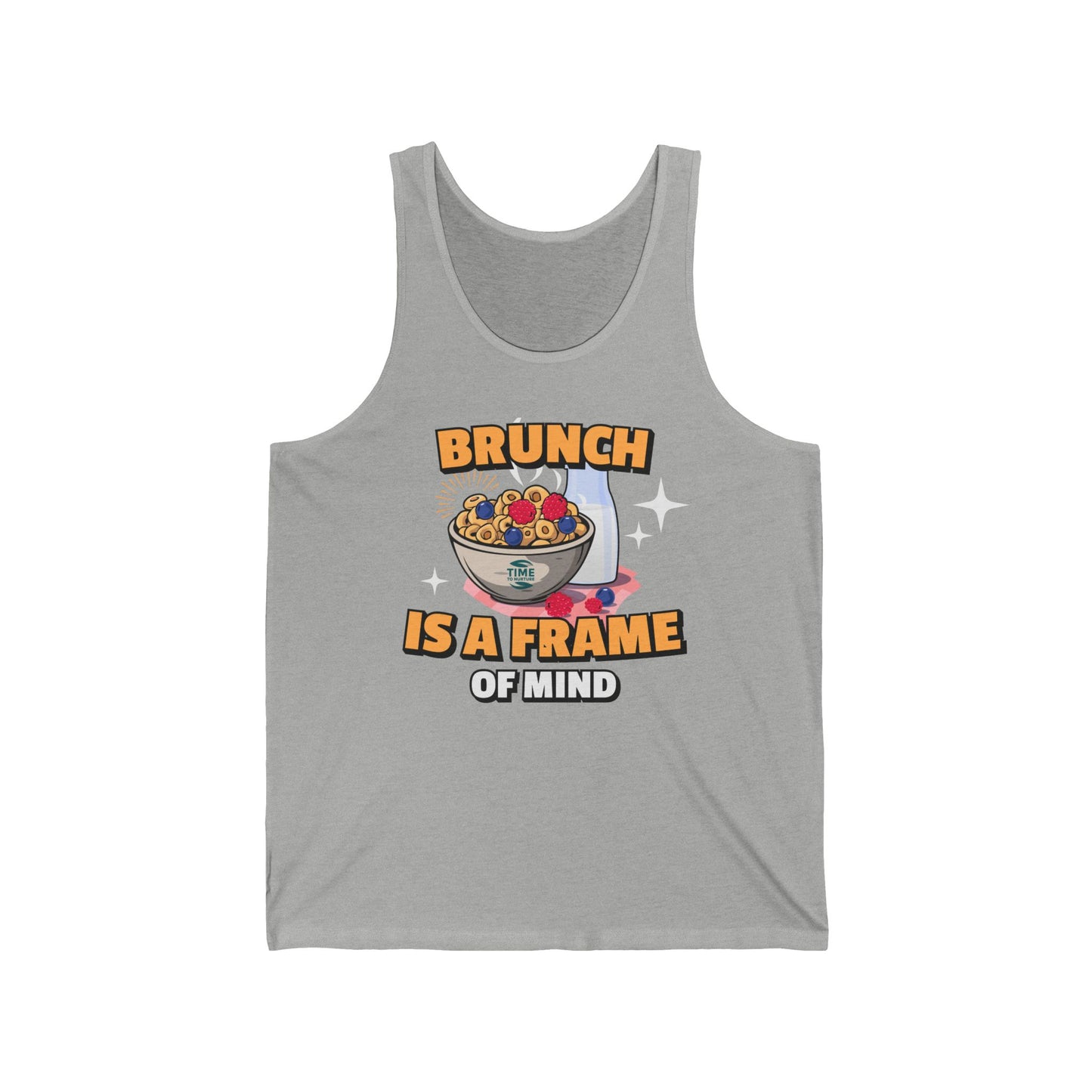 A unisex jersey tank top with the phrase Brunch is a Frame of Mind, designed as a humorous gift for brunch lovers or retirees, featuring a casual and versatile style.