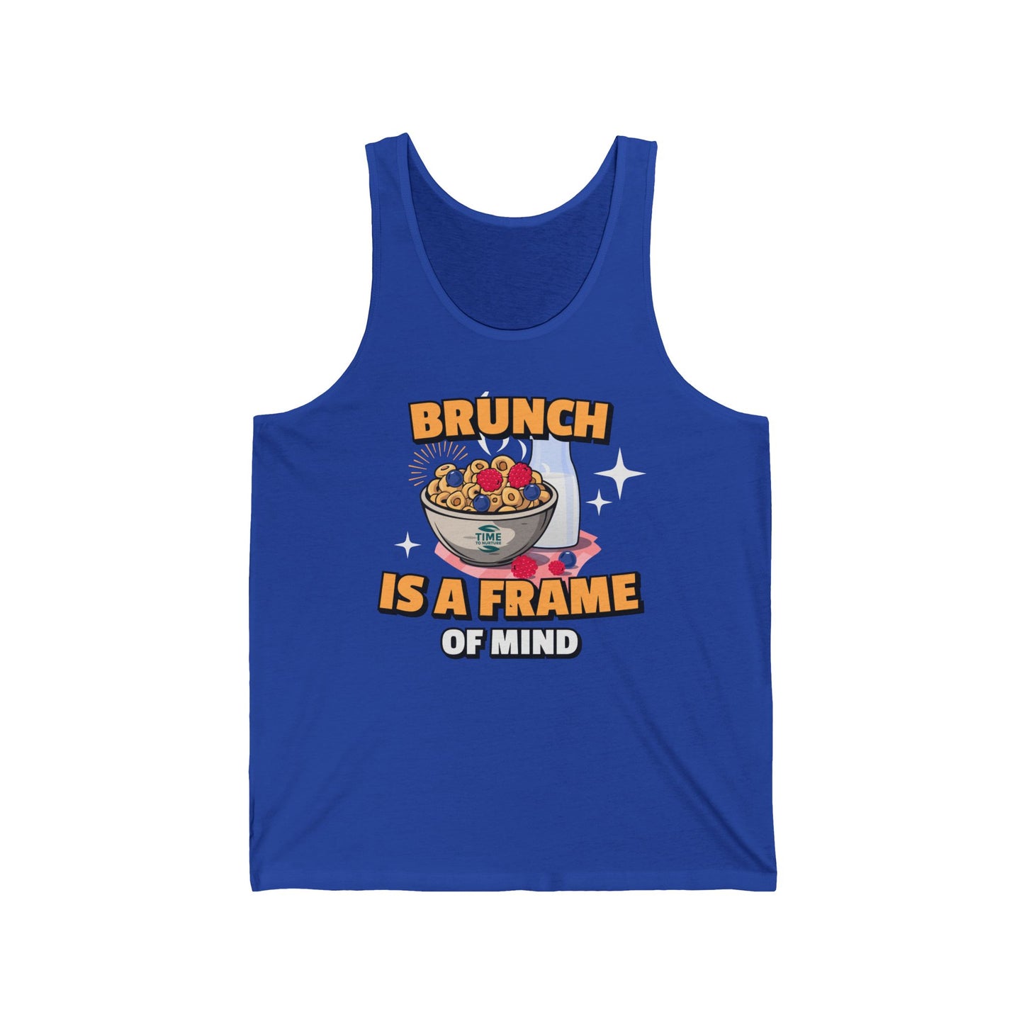 A unisex jersey tank top with the phrase Brunch is a Frame of Mind, designed as a humorous gift for brunch lovers or retirees, featuring a casual and versatile style.