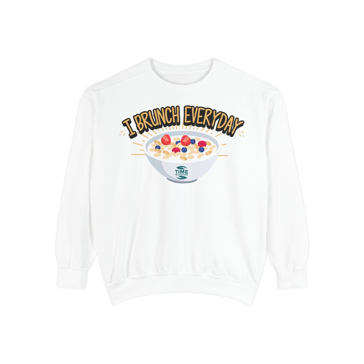 A unisex sweatshirt with the phrase I Brunch Everyday printed on the front. A humorous and stylish option for brunch lovers, perfect as a retirement party gift or a present for him or her.