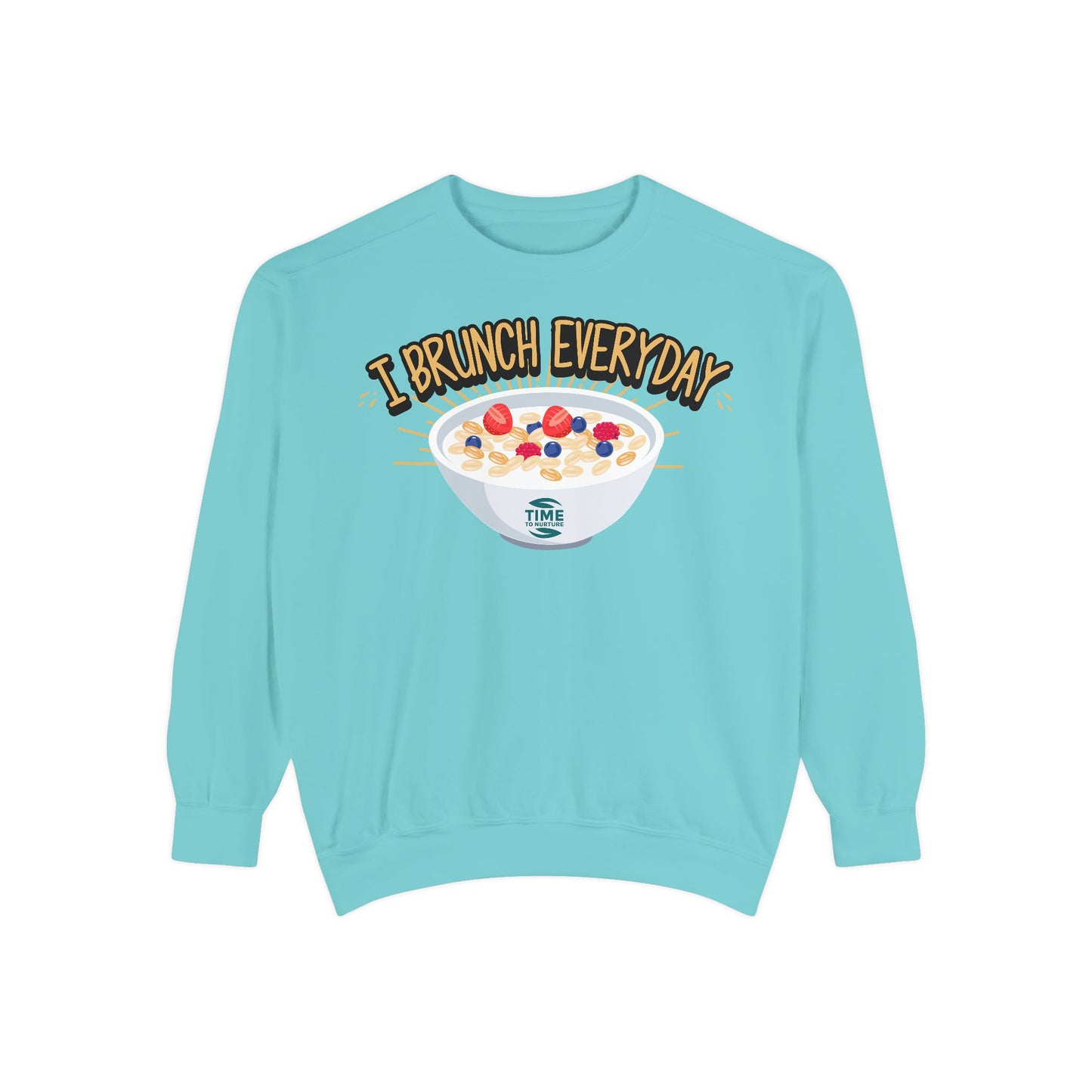 A unisex sweatshirt with the phrase I Brunch Everyday printed on the front. A humorous and stylish option for brunch lovers, perfect as a retirement party gift or a present for him or her.