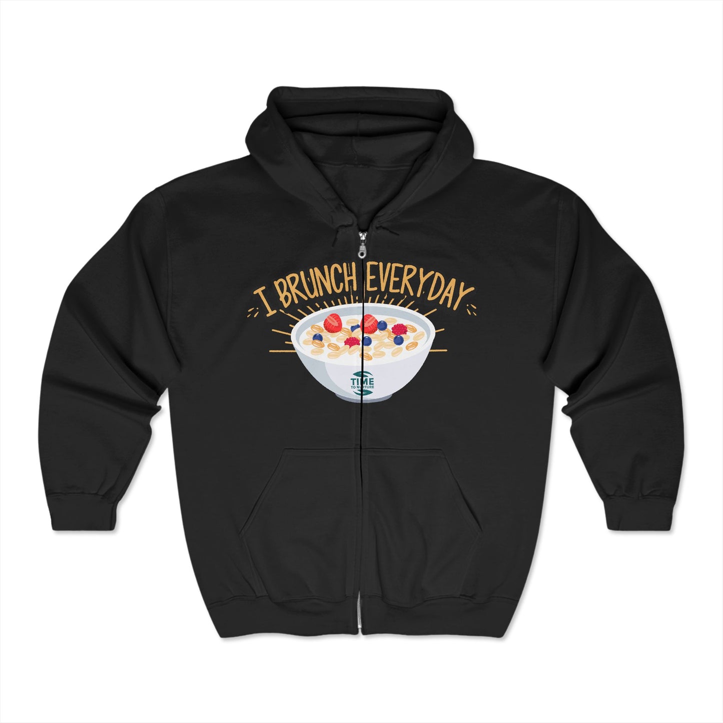 A unisex zip hoodie sweatshirt with the phrase I Brunch Everyday printed on the front. Designed as casual weekend vibes apparel, it offers cozy loungewear perfect for foodies and brunch lovers.