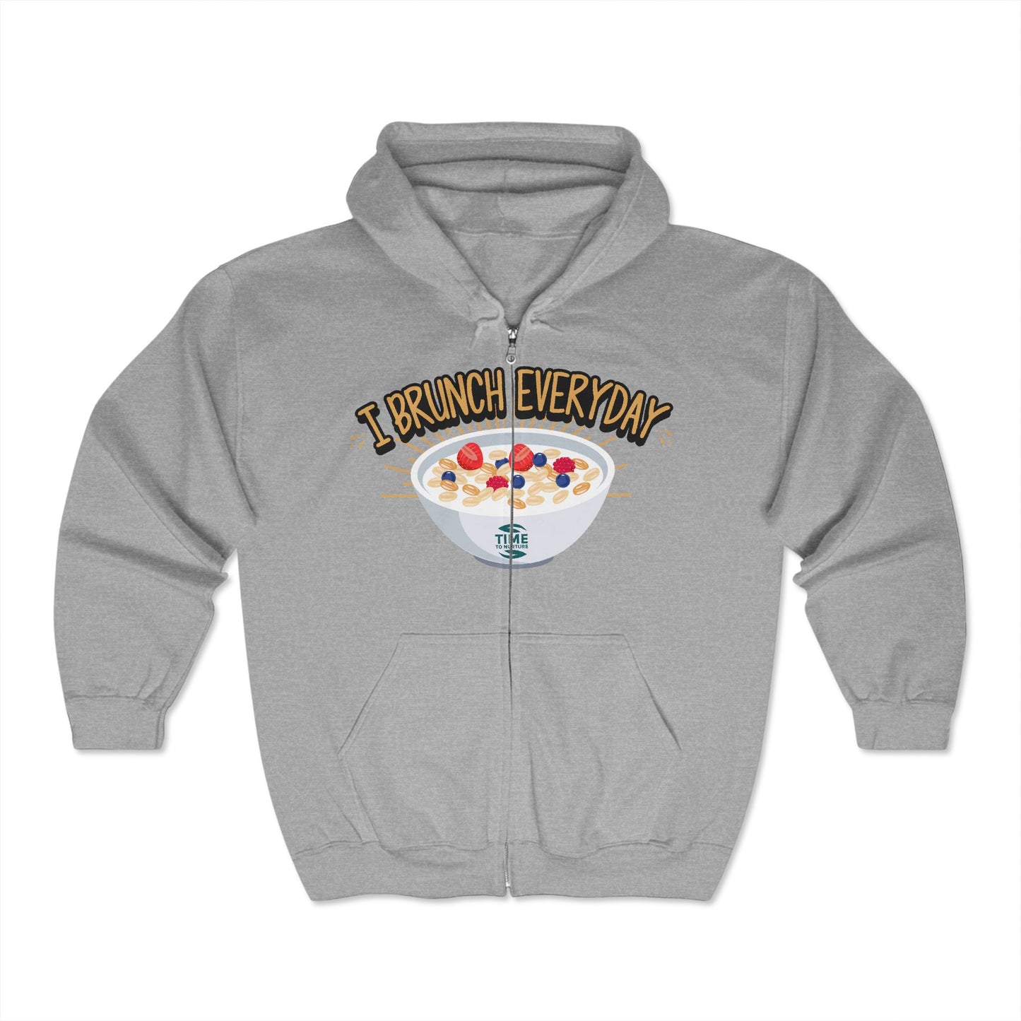 A unisex zip hoodie sweatshirt with the phrase I Brunch Everyday printed on the front. Designed as casual weekend vibes apparel, it offers cozy loungewear perfect for foodies and brunch lovers.