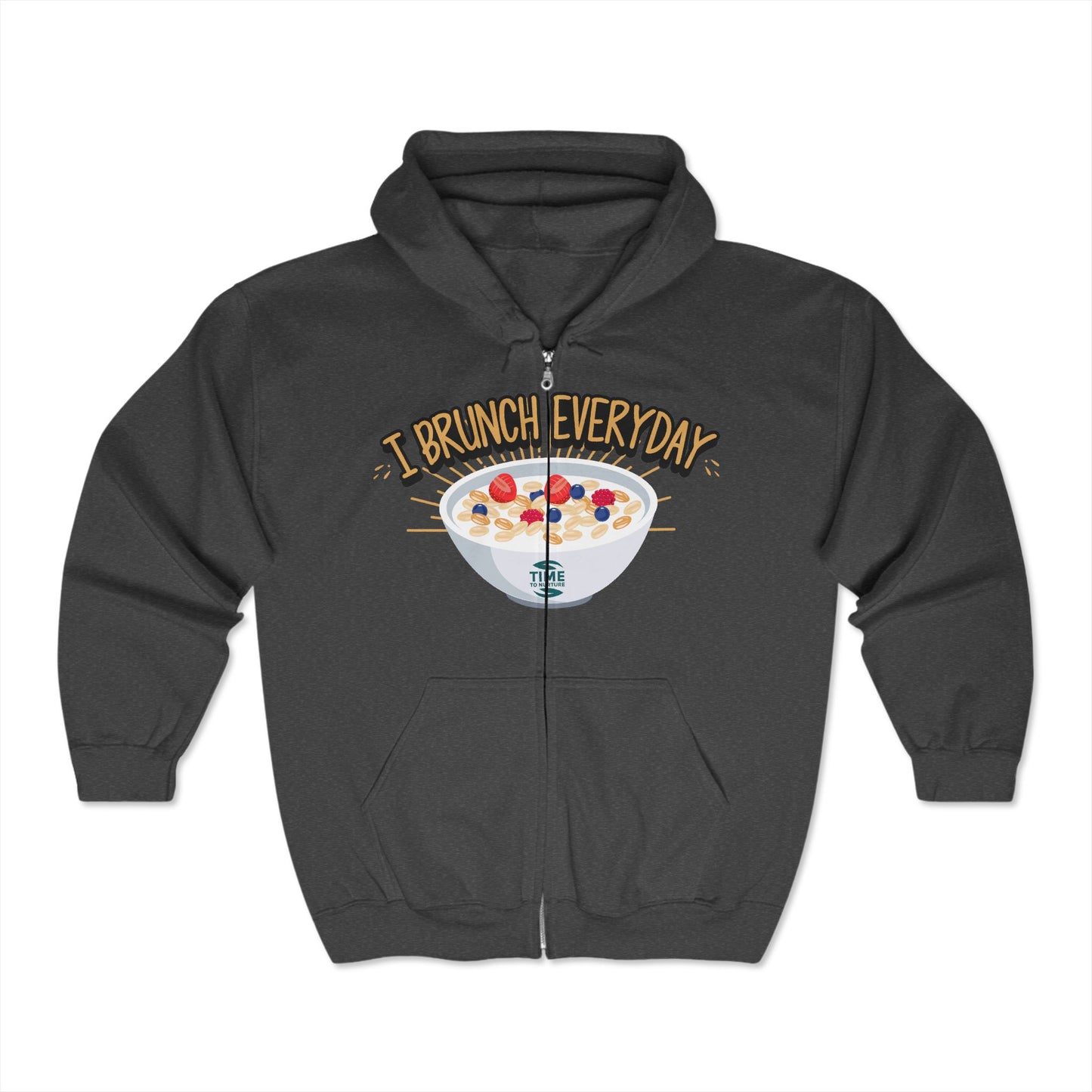 A unisex zip hoodie sweatshirt with the phrase I Brunch Everyday printed on the front. Designed as casual weekend vibes apparel, it offers cozy loungewear perfect for foodies and brunch lovers.3