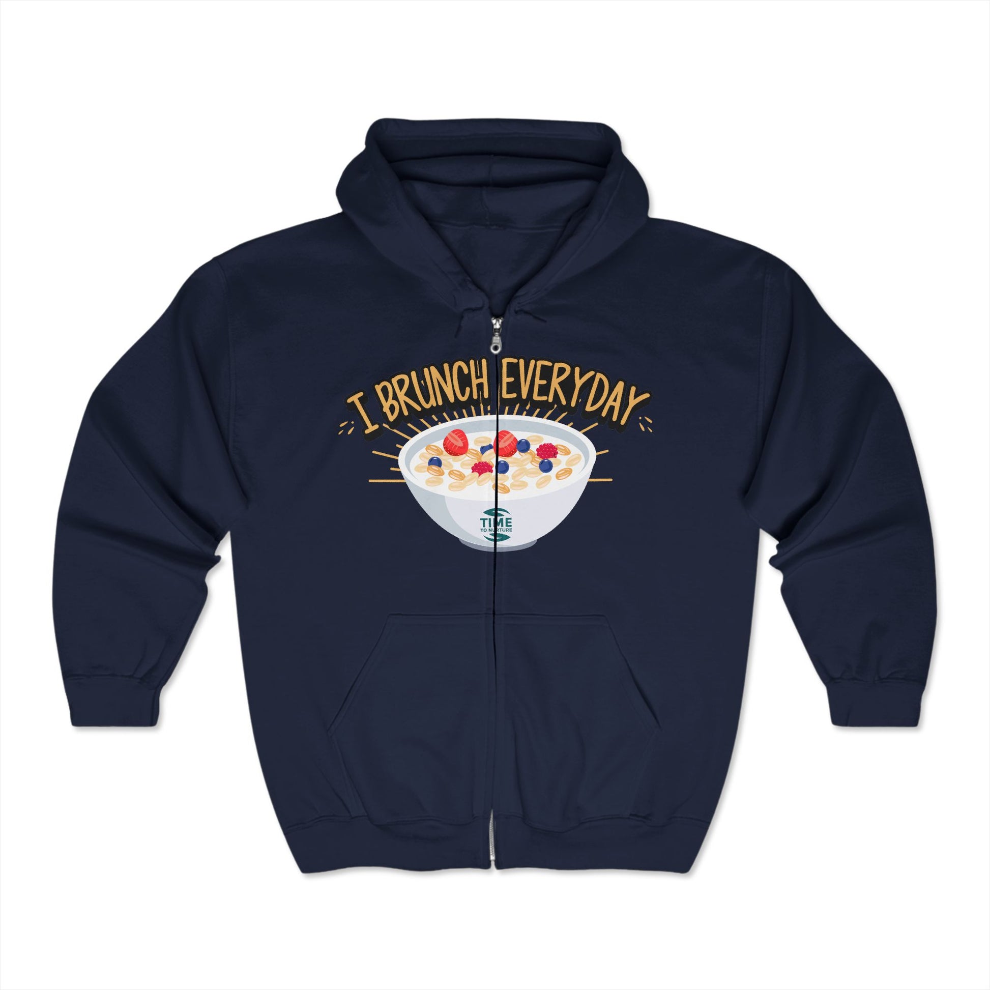 A unisex zip hoodie sweatshirt with the phrase I Brunch Everyday printed on the front. Designed as casual weekend vibes apparel, it offers cozy loungewear perfect for foodies and brunch lovers.