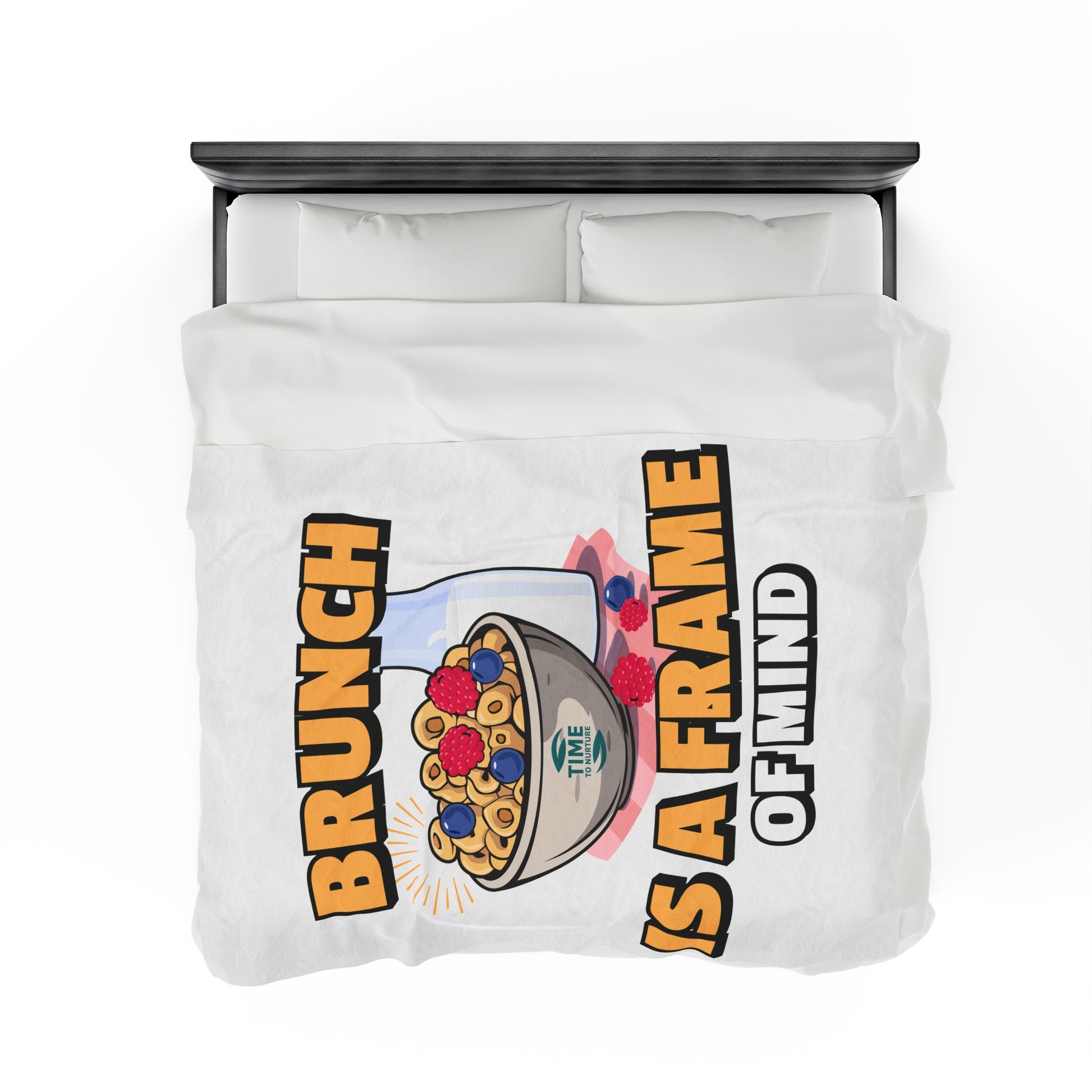 A velveteen plush blanket with the phrase Brunch is a Frame of Mind, designed as a cozy throw or snuggly bedspread, perfect for home decor, keeping warm, or gifting to brunch lovers.