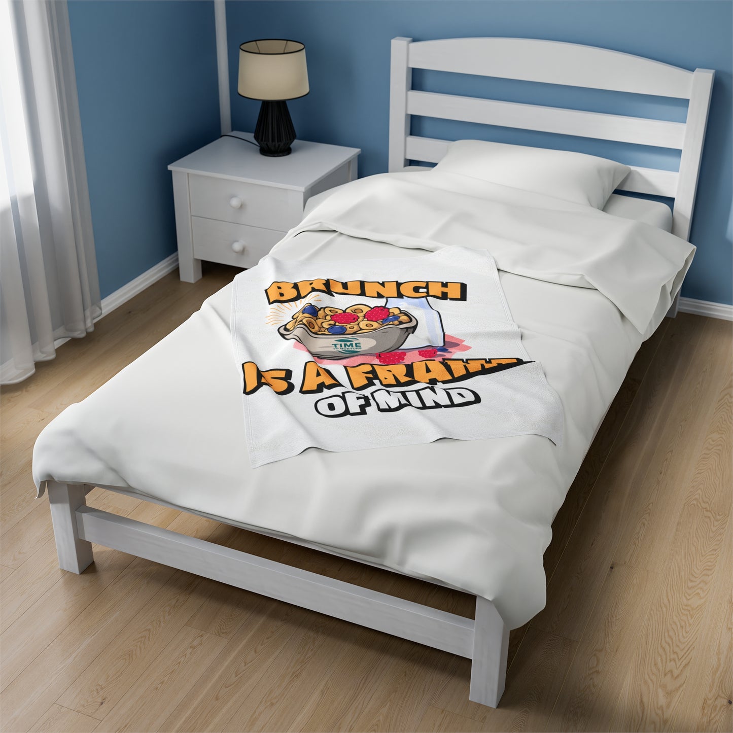A velveteen plush blanket with the phrase Brunch is a Frame of Mind, designed as a cozy throw or snuggly bedspread, perfect for home decor, keeping warm, or gifting to brunch lovers.4