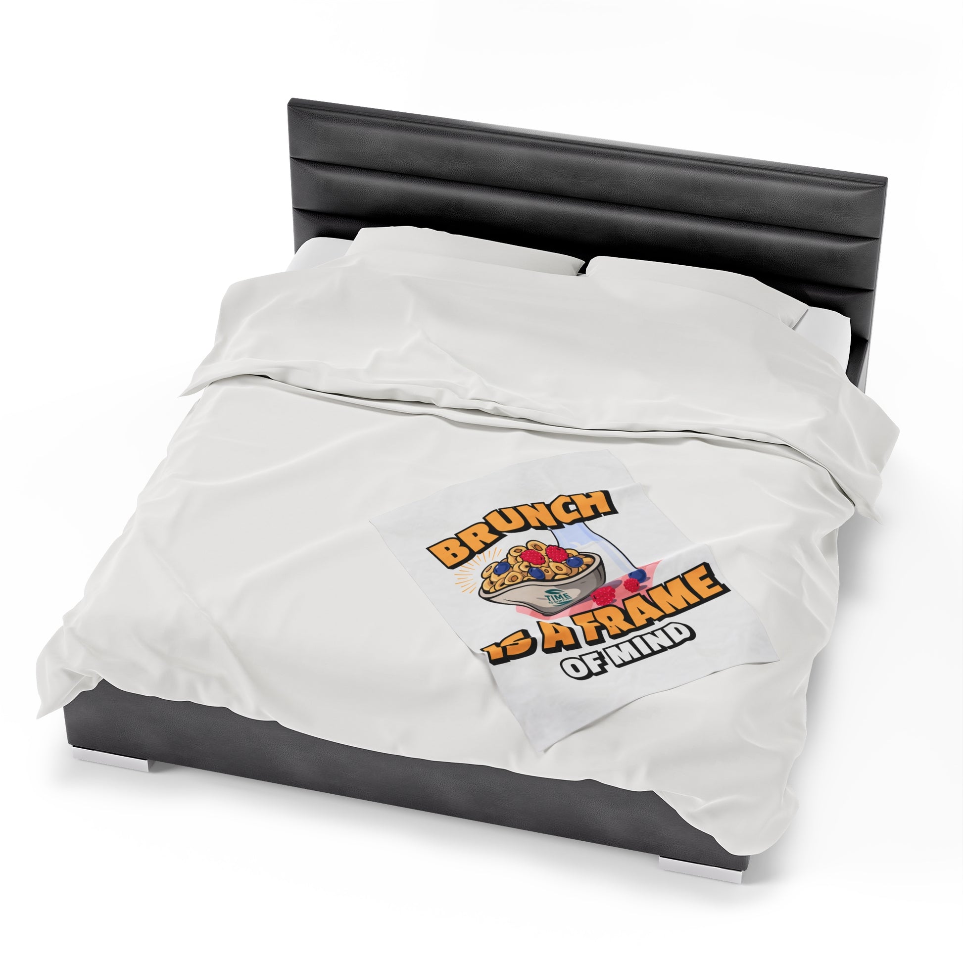 A velveteen plush blanket with the phrase Brunch is a Frame of Mind, designed as a cozy throw or snuggly bedspread, perfect for home decor, keeping warm, or gifting to brunch lovers.