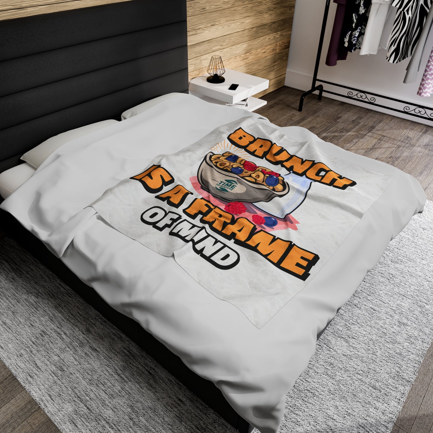 A velveteen plush blanket with the phrase Brunch is a Frame of Mind, designed as a cozy throw or snuggly bedspread, perfect for home decor, keeping warm, or gifting to brunch lovers.
