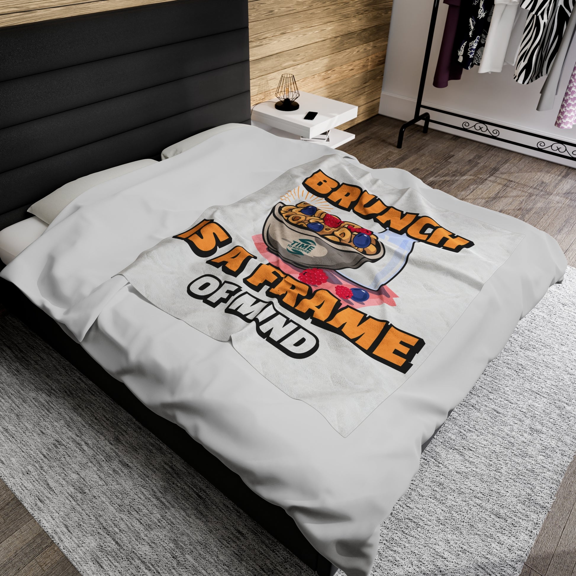 A velveteen plush blanket with the phrase Brunch is a Frame of Mind, designed as a cozy throw or snuggly bedspread, perfect for home decor, keeping warm, or gifting to brunch lovers.