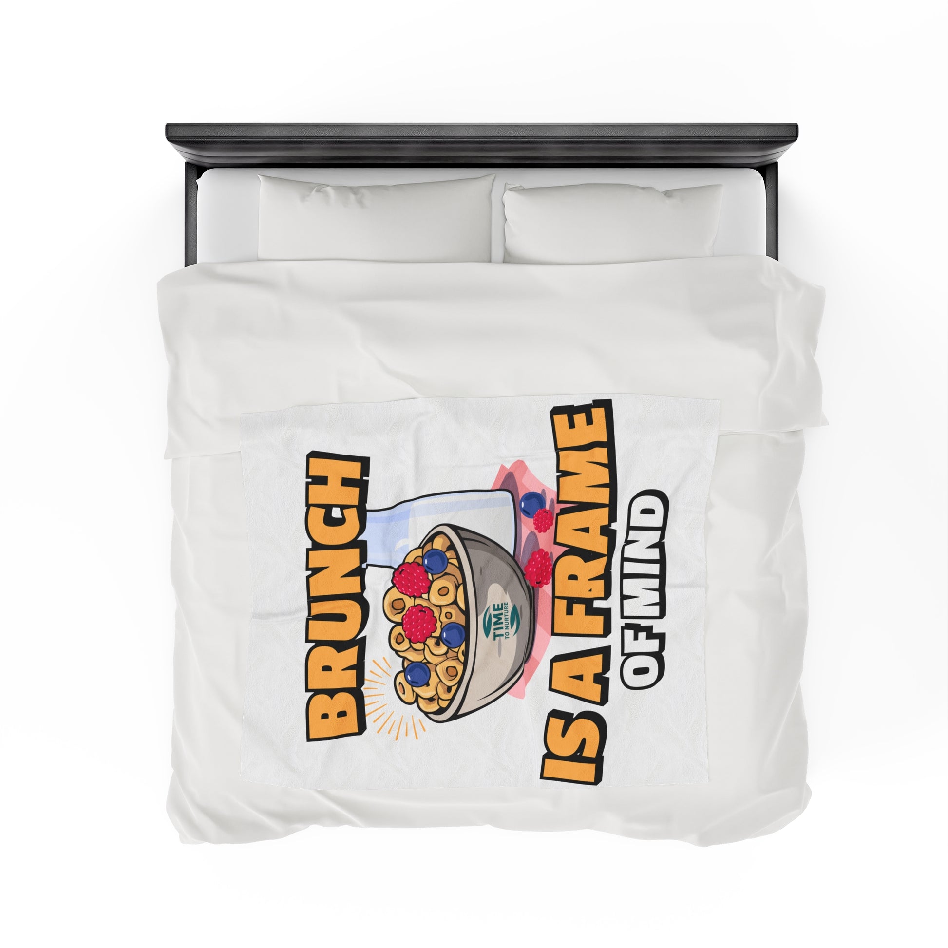 A velveteen plush blanket with the phrase Brunch is a Frame of Mind, designed as a cozy throw or snuggly bedspread, perfect for home decor, keeping warm, or gifting to brunch lovers.