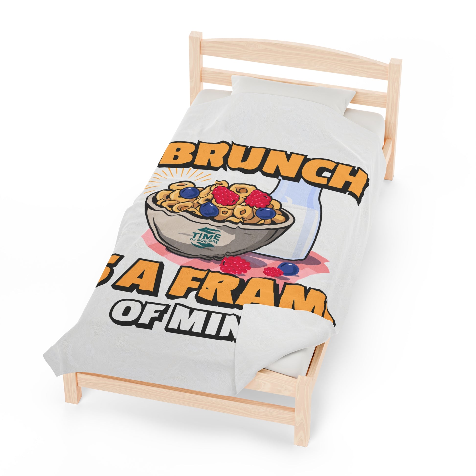 A velveteen plush blanket with the phrase Brunch is a Frame of Mind, designed as a cozy throw or snuggly bedspread, perfect for home decor, keeping warm, or gifting to brunch lovers.