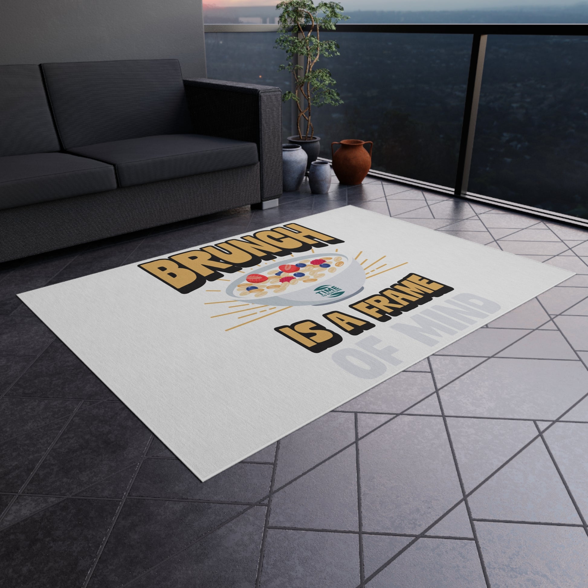 Boho chic Brunch Vibes outdoor rug with vibrant colors, perfect for patios, picnics, and cozy gatherings. Ideal for brunch lovers and retirees.