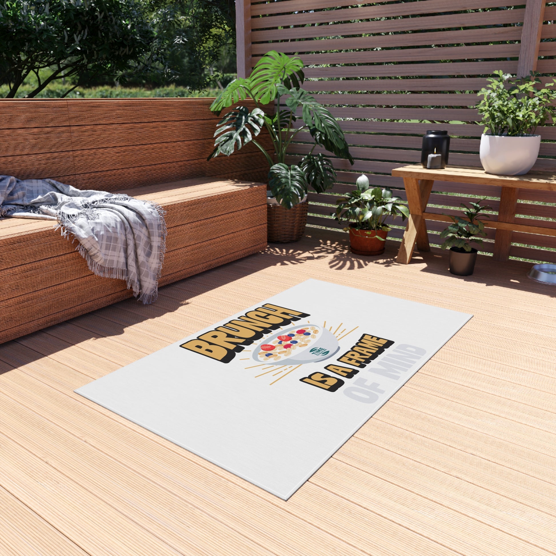 Boho chic Brunch Vibes outdoor rug with vibrant colors, perfect for patios, picnics, and cozy gatherings. Ideal for brunch lovers and retirees.
