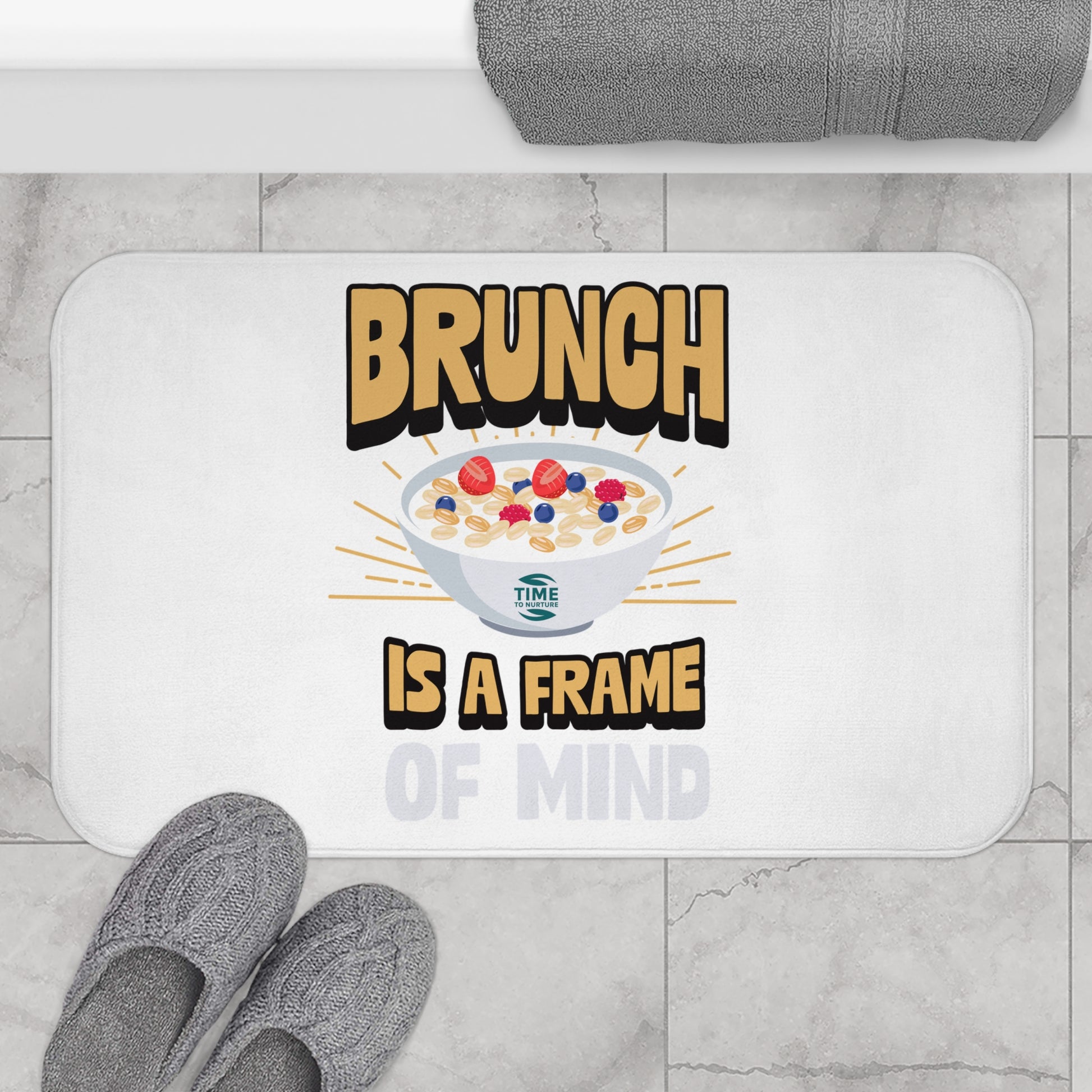 Brunch-themed bath mat with a cozy, fun design, featuring a non-slip backing, perfect for bathrooms or kitchens and a great gift for brunch lovers and foodies
