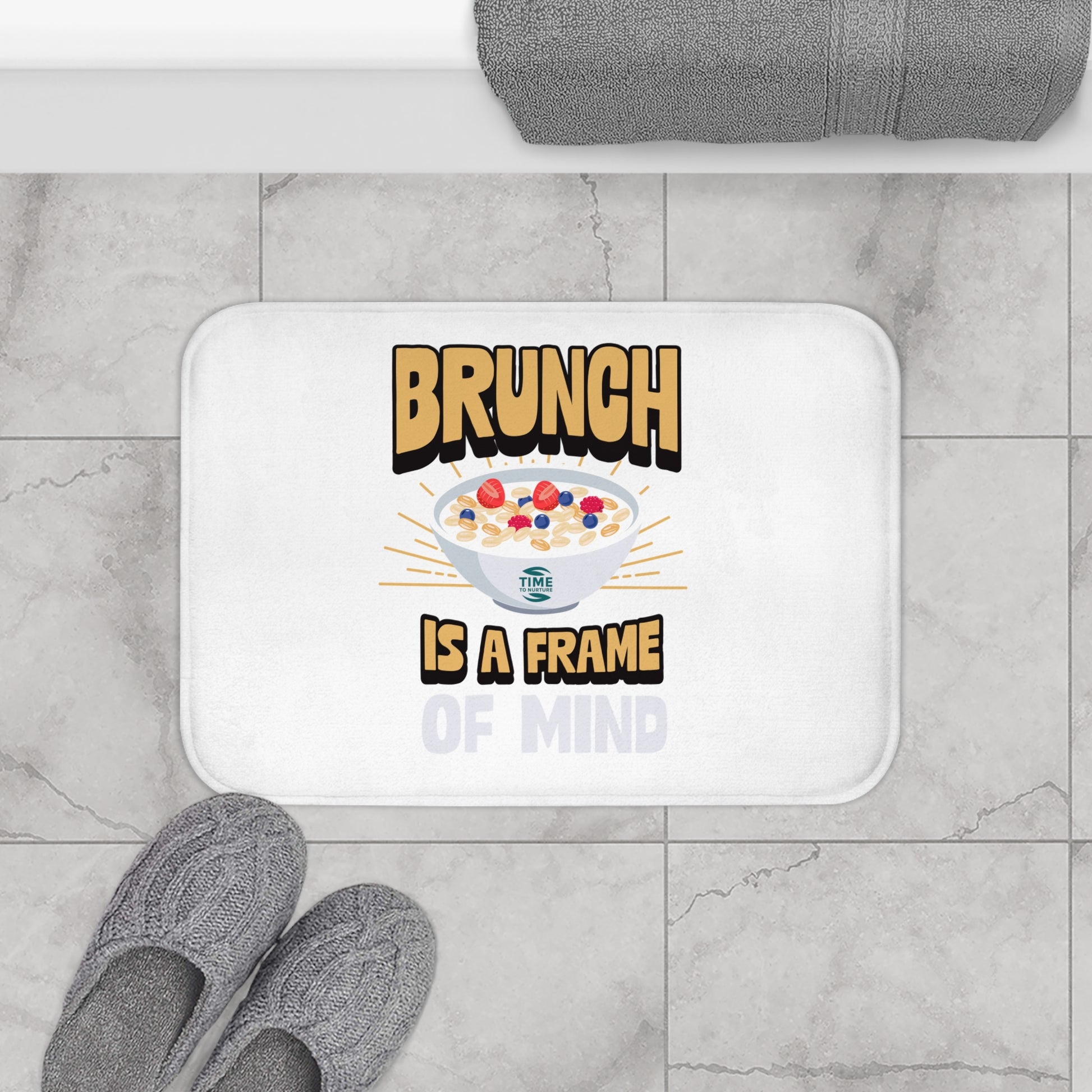 Brunch-themed bath mat with a cozy, fun design, featuring a non-slip backing, perfect for bathrooms or kitchens and a great gift for brunch lovers and foodies