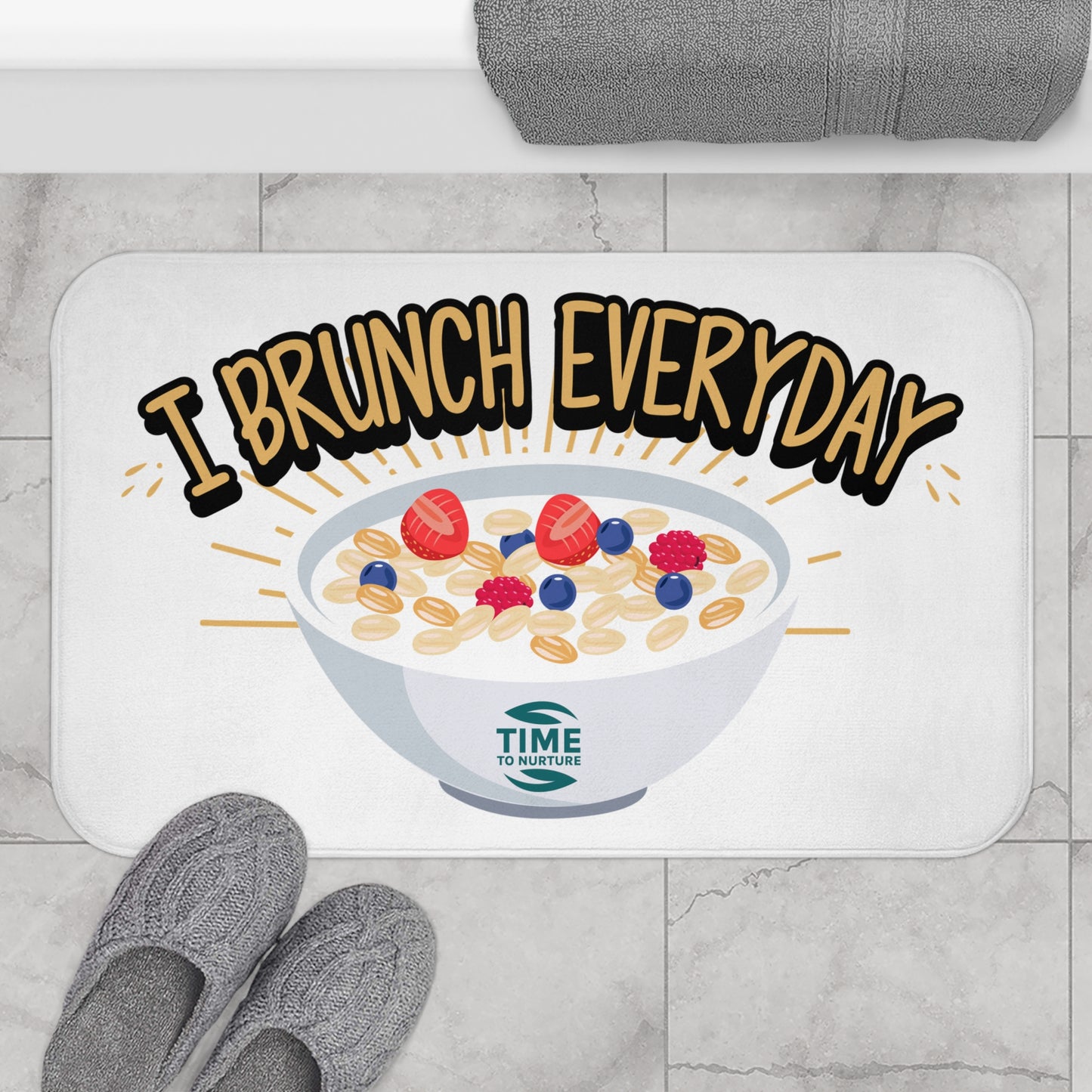 Brunch-themed memory foam bath mat with a cozy and stylish design, perfect for adding comfort and fun to the bathroom or kitchen, ideal for foodies and brunch lovers.