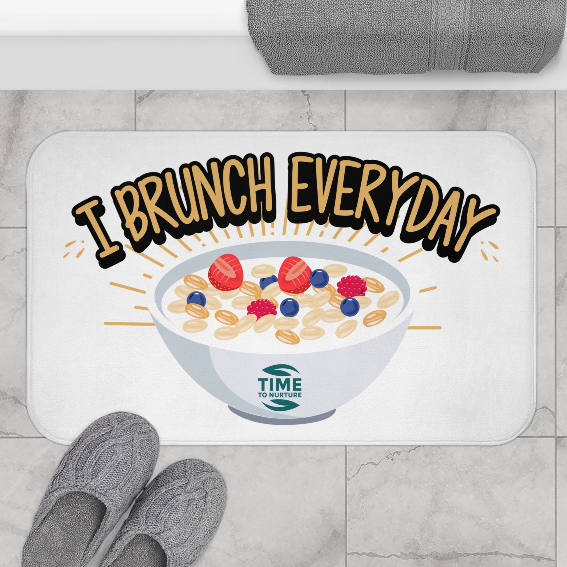 Brunch-themed memory foam bath mat with a cozy and stylish design, perfect for adding comfort and fun to the bathroom or kitchen, ideal for foodies and brunch lovers.
