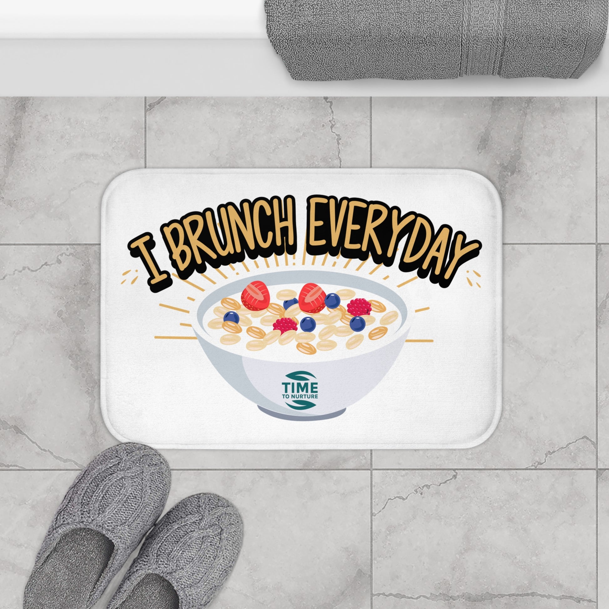 Brunch-themed memory foam bath mat with a cozy and stylish design, perfect for adding comfort and fun to the bathroom or kitchen, ideal for foodies and brunch lovers.