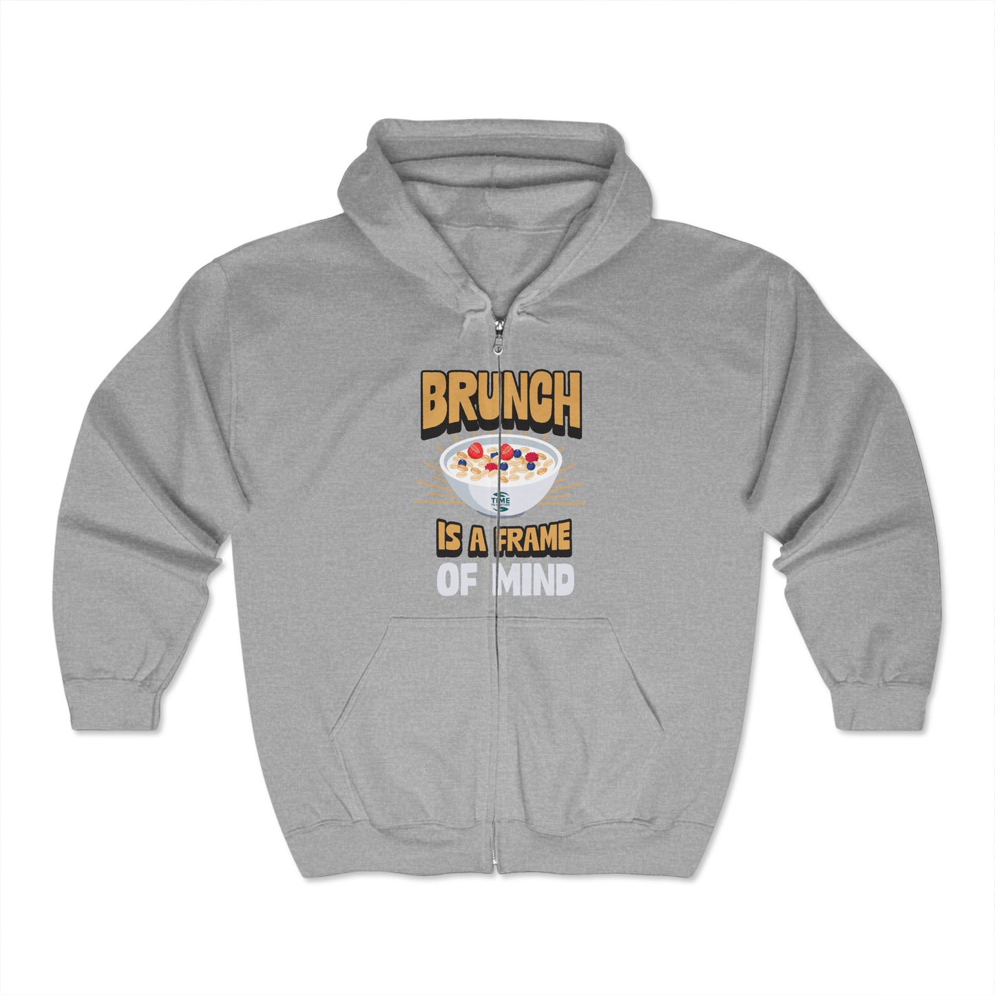 Brunch-themed unisex hooded sweatshirt with a relaxed fit, featuring a full zip design and cozy fabric, perfect for weekend breakfast outings or casual mornings.
