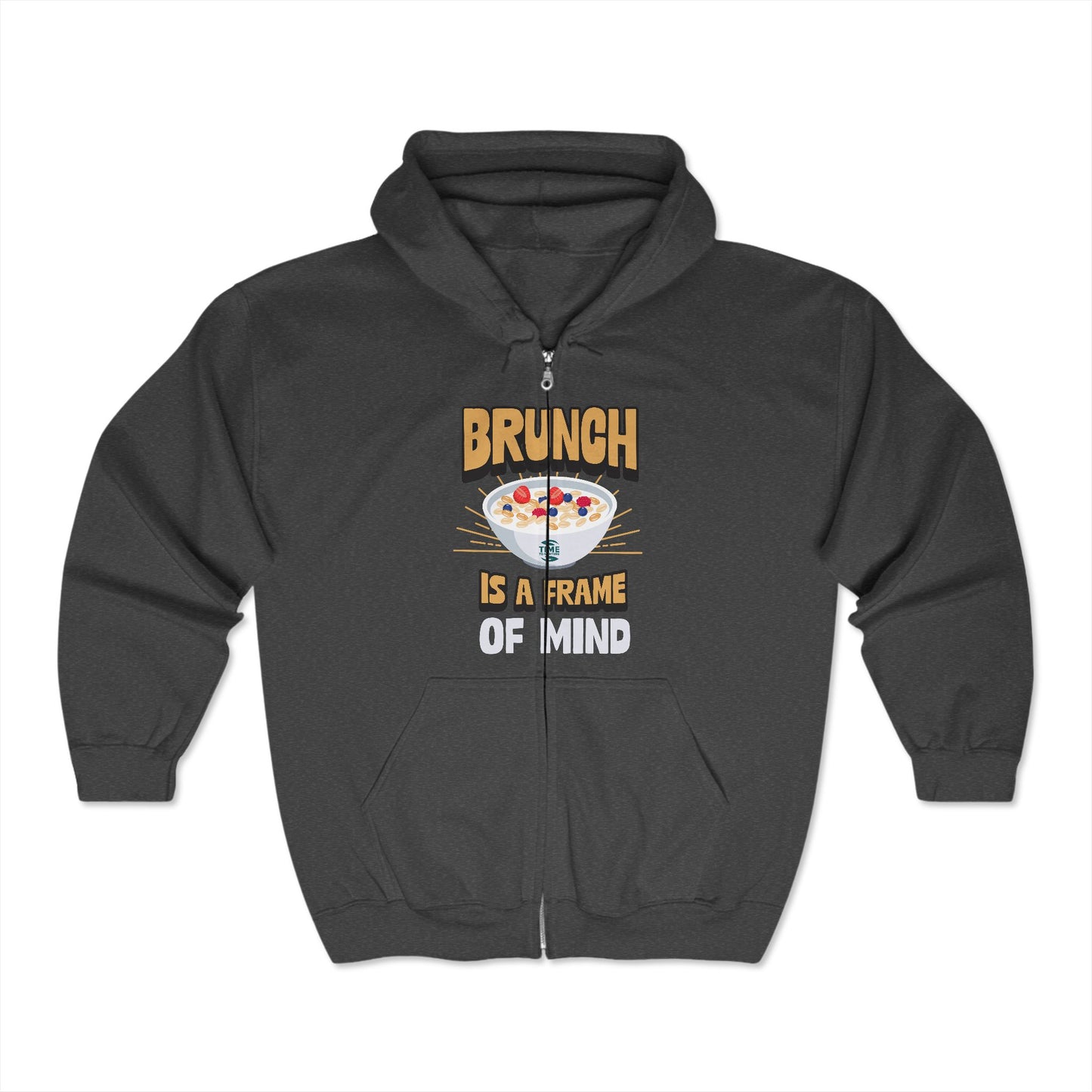 Brunch-themed unisex hooded sweatshirt with a relaxed fit, featuring a full zip design and cozy fabric, perfect for weekend breakfast outings or casual mornings.
