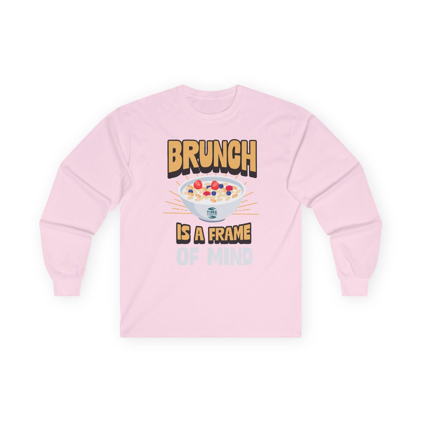 Brunch-themed unisex long sleeve cotton tee with a relaxed fit, ideal for breakfast lovers, weekend outings, and casual gatherings.