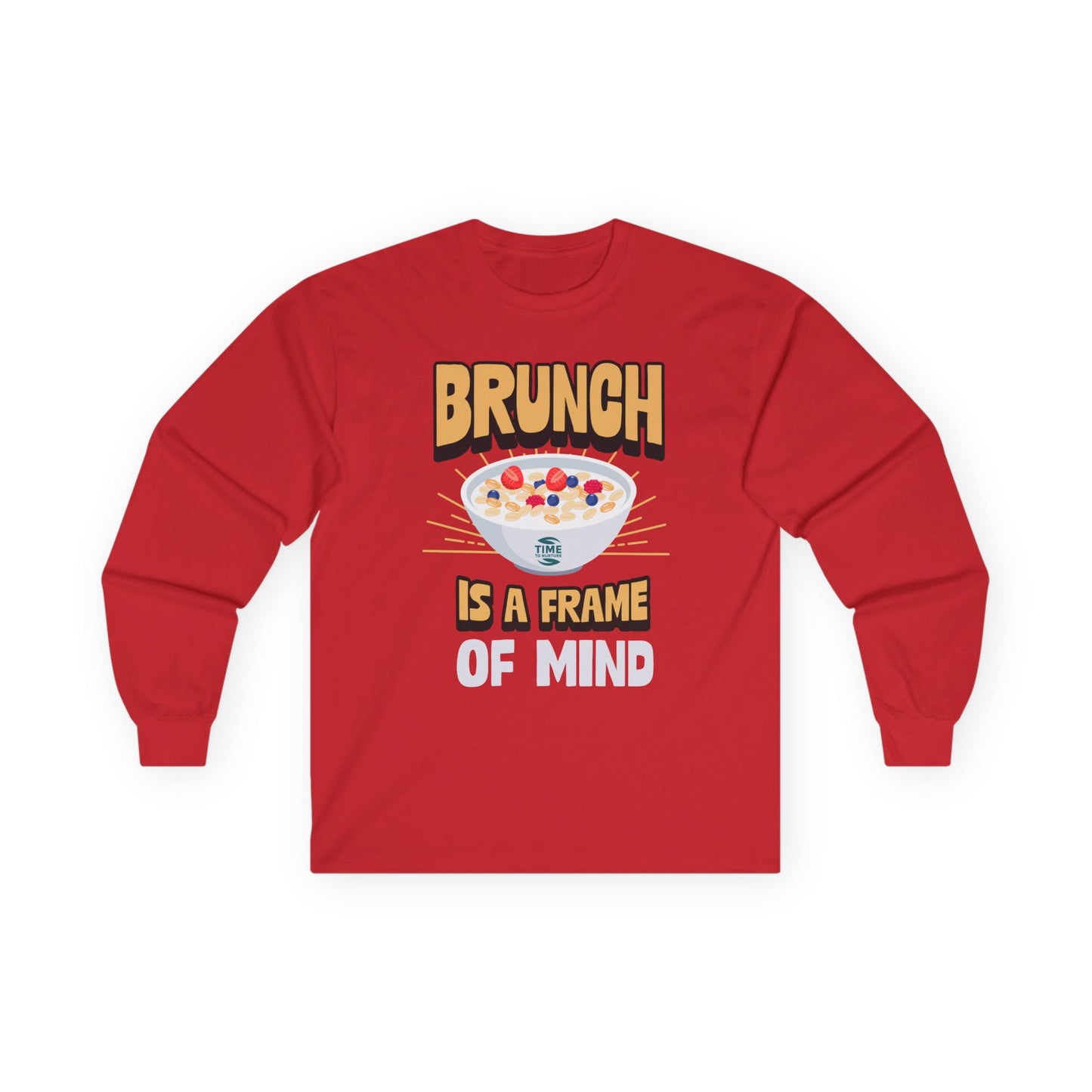 Brunch-themed unisex long sleeve cotton tee with a relaxed fit, ideal for breakfast lovers, weekend outings, and casual gatherings.