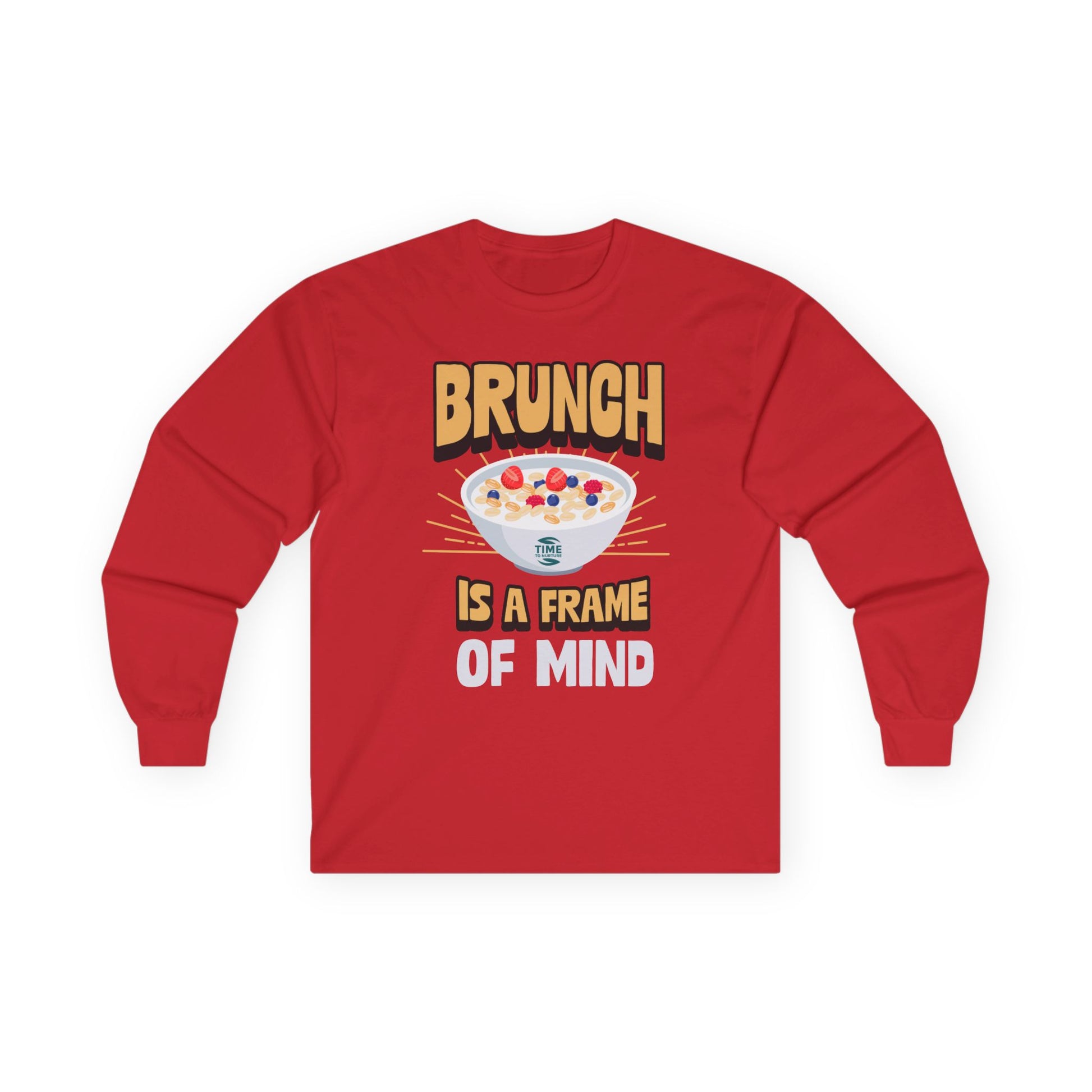 Brunch-themed unisex long sleeve cotton tee with a relaxed fit, ideal for breakfast lovers, weekend outings, and casual gatherings.
