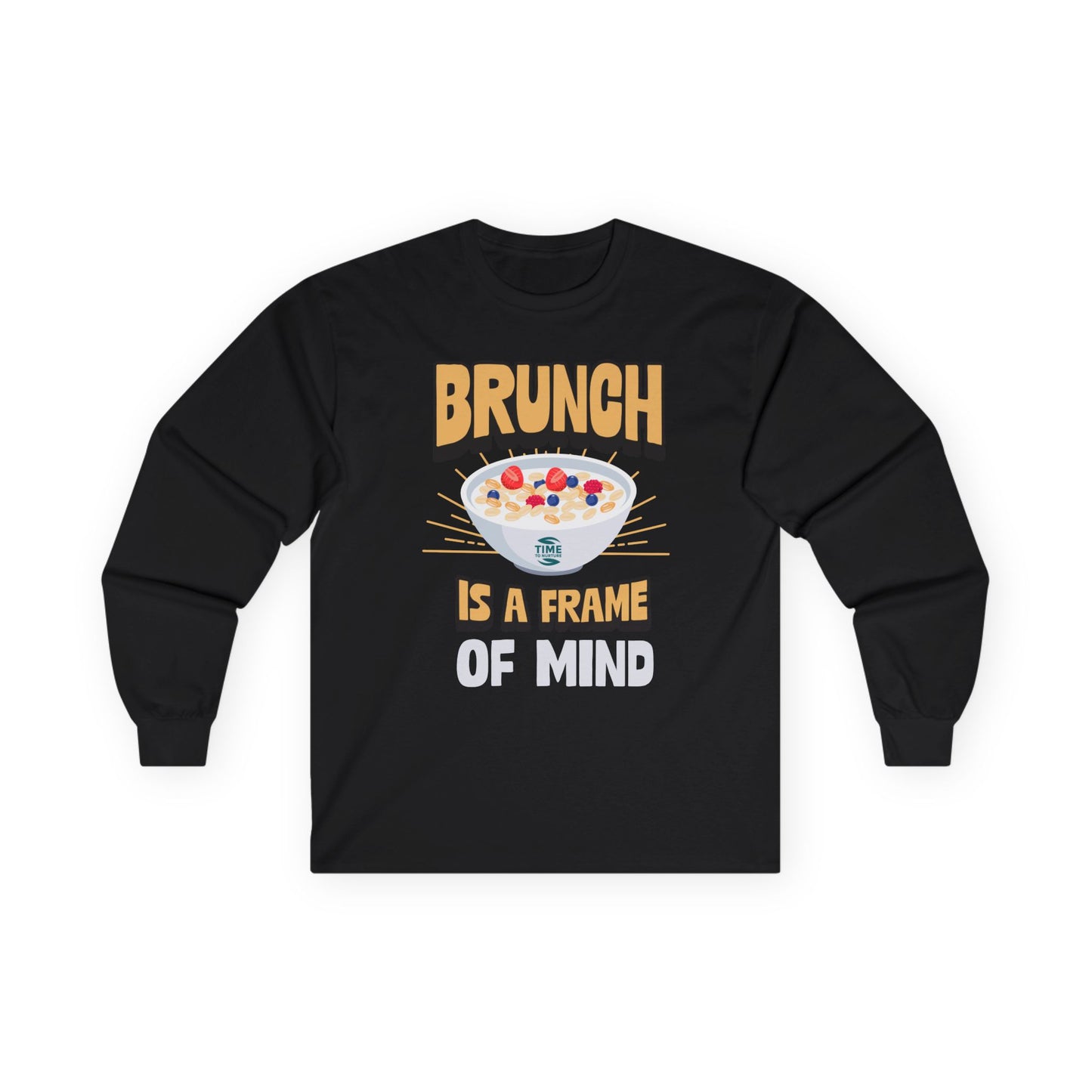 Brunch-themed unisex long sleeve cotton tee with a relaxed fit, ideal for breakfast lovers, weekend outings, and casual gatherings.