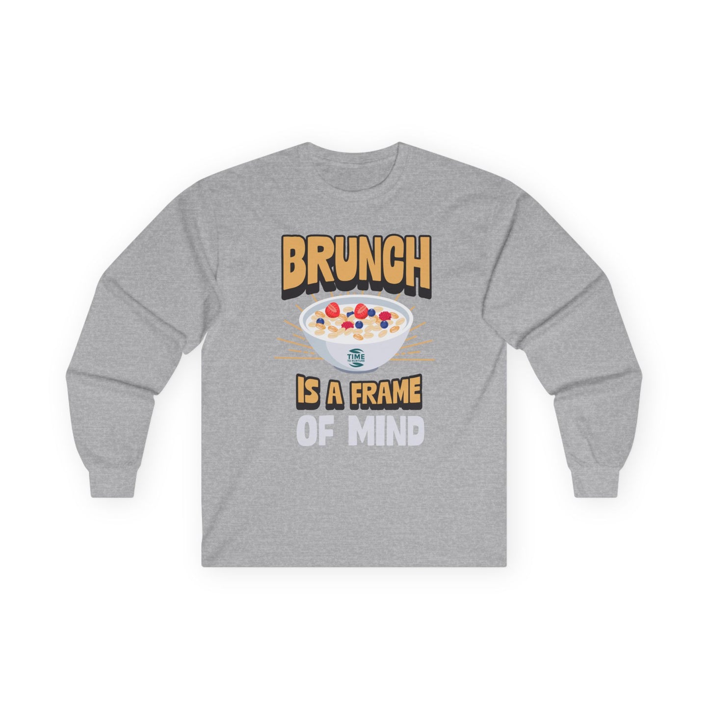 Brunch-themed unisex long sleeve cotton tee with a relaxed fit, ideal for breakfast lovers, weekend outings, and casual gatherings.