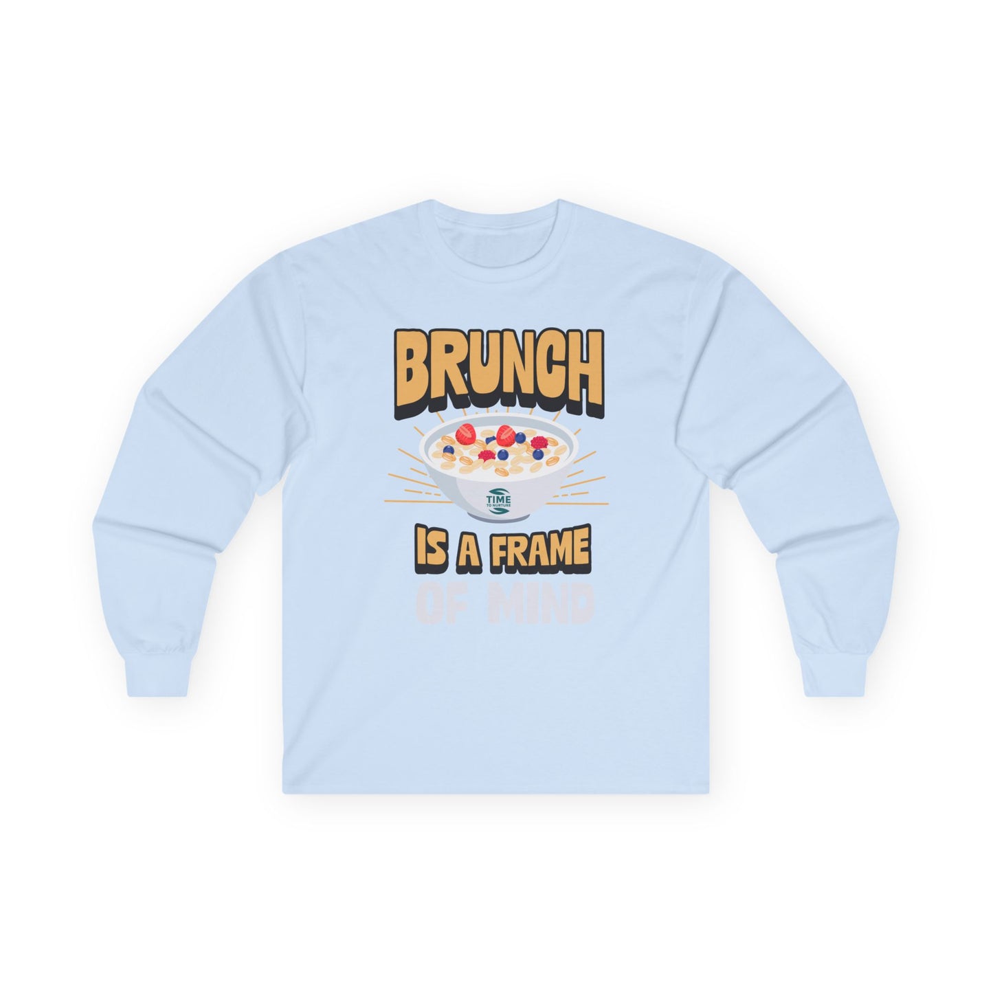Brunch-themed unisex long sleeve cotton tee with a relaxed fit, ideal for breakfast lovers, weekend outings, and casual gatherings.