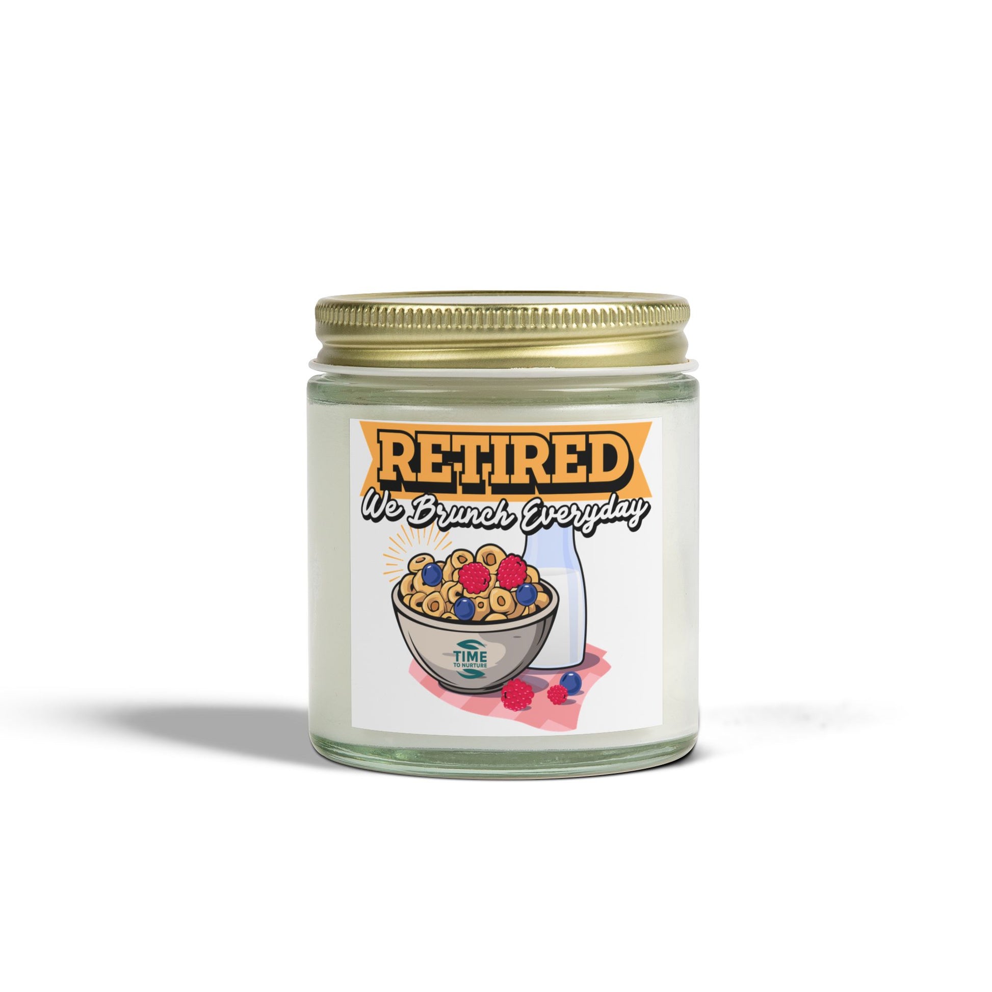 Brunch Everyday scented candles made with coconut apricot wax in 4oz and 9oz sizes. A humorous retirement gift or relaxing home decor piece.