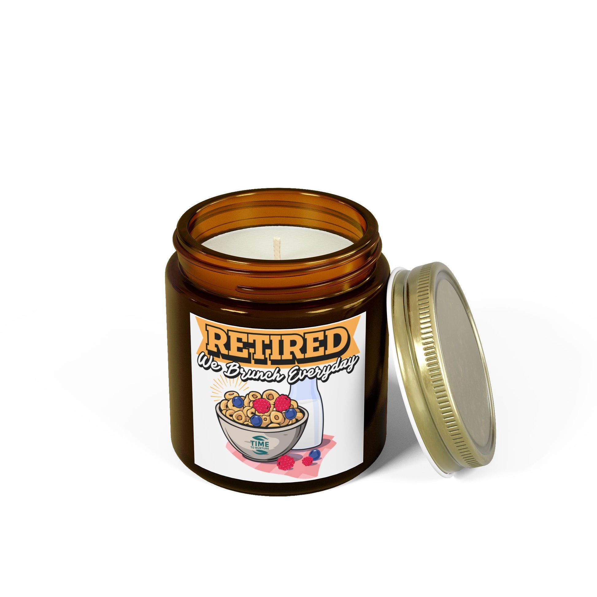 Brunch Everyday scented candles made with coconut apricot wax in 4oz and 9oz sizes. A humorous retirement gift or relaxing home decor piece.